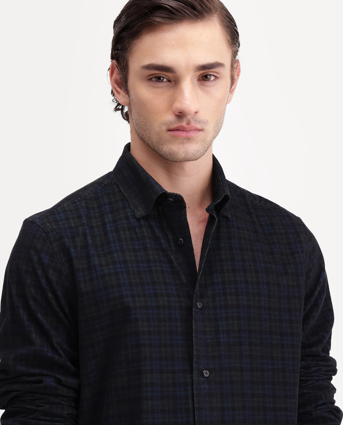 Rare Rabbit Men's Hagg Navy Cotton Button Regular Fit Checked Shirt