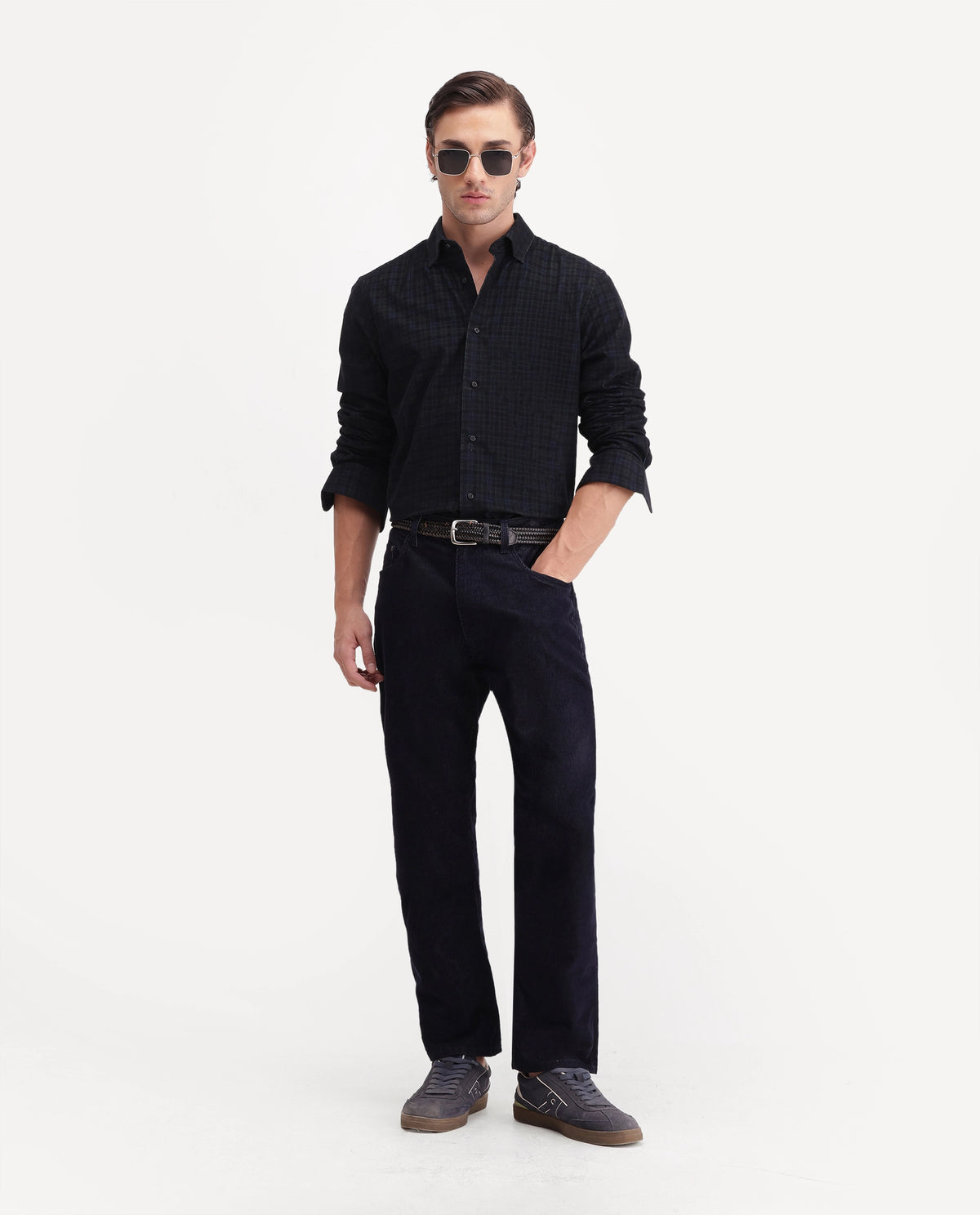 Rare Rabbit Men's Hagg Navy Cotton Button Regular Fit Checked Shirt