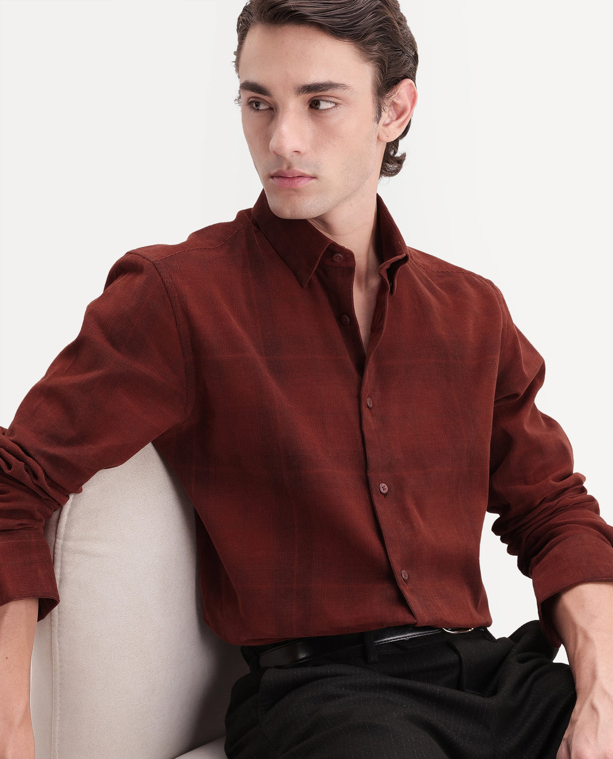 Rare Rabbit Men's Diego Rust Cotton Button Regular Fit Checked Shirt