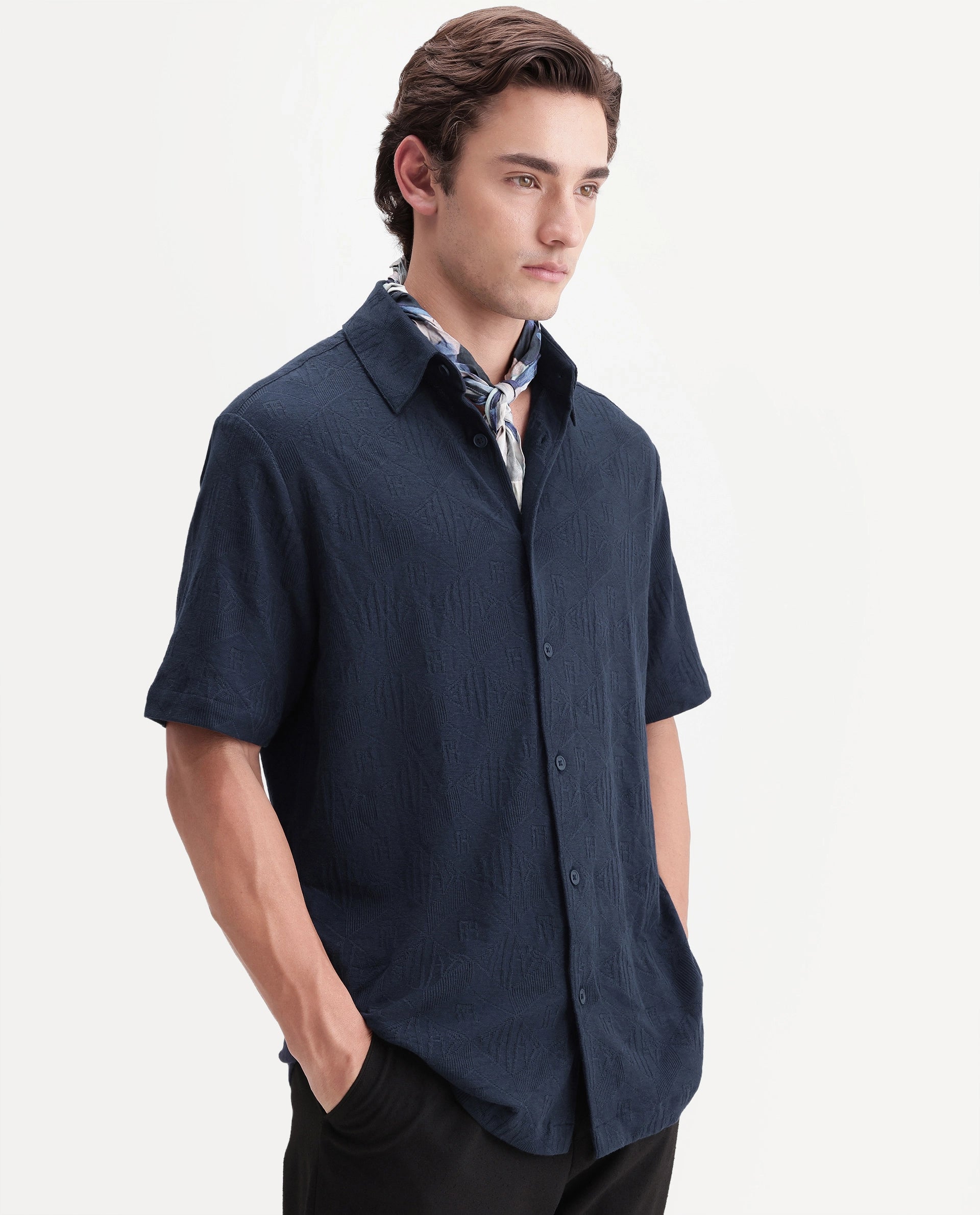 Rare Rabbit Men's Cubs Navy Cotton Button Relaxed Fit Monogram Print Shirt