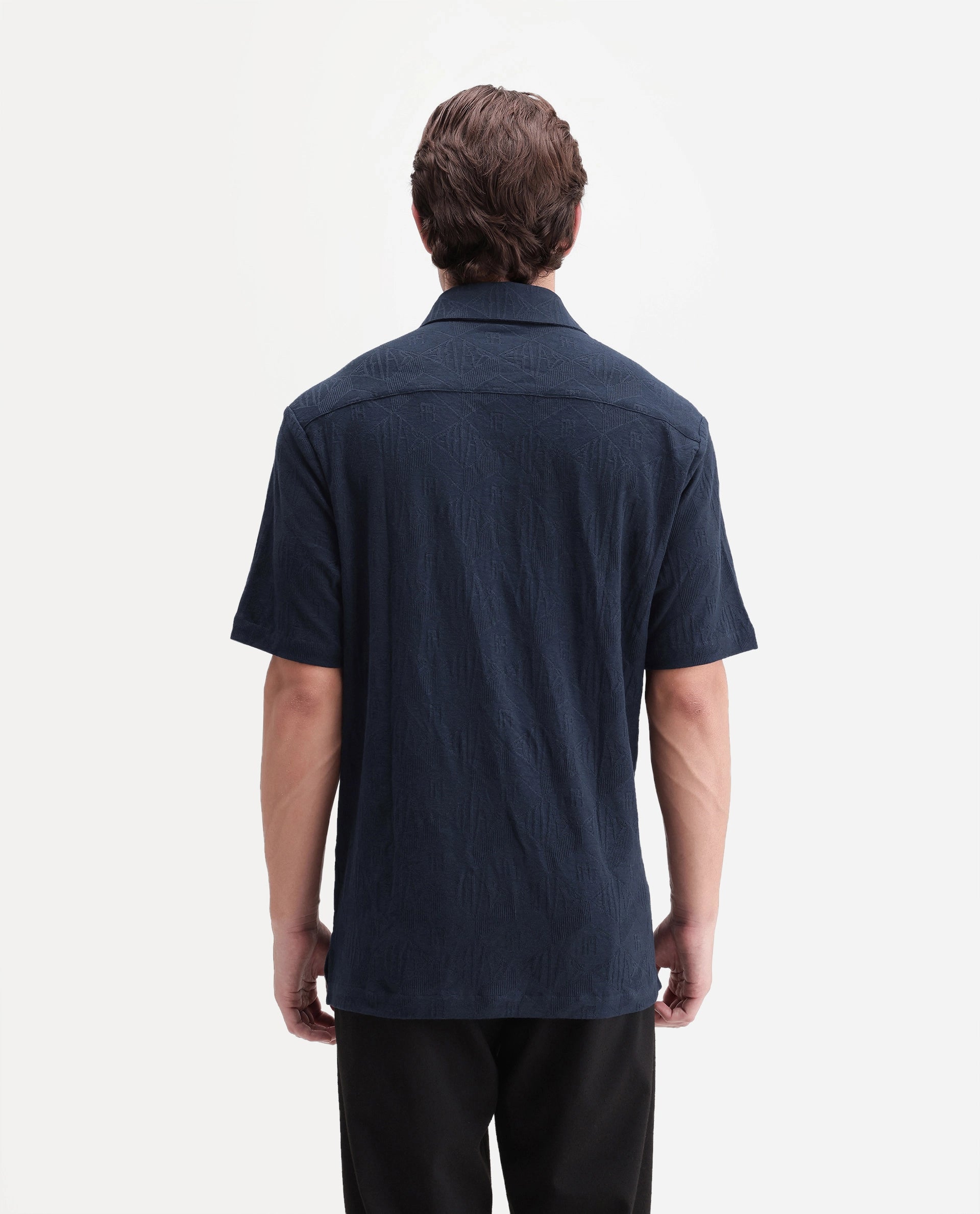 Rare Rabbit Men's Cubs Navy Cotton Button Relaxed Fit Monogram Print Shirt