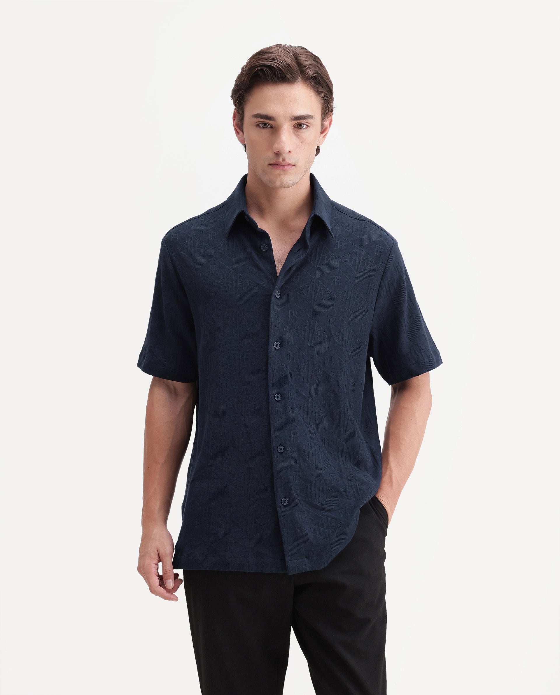 Rare Rabbit Men's Cubs Navy Cotton Button Relaxed Fit Monogram Print Shirt