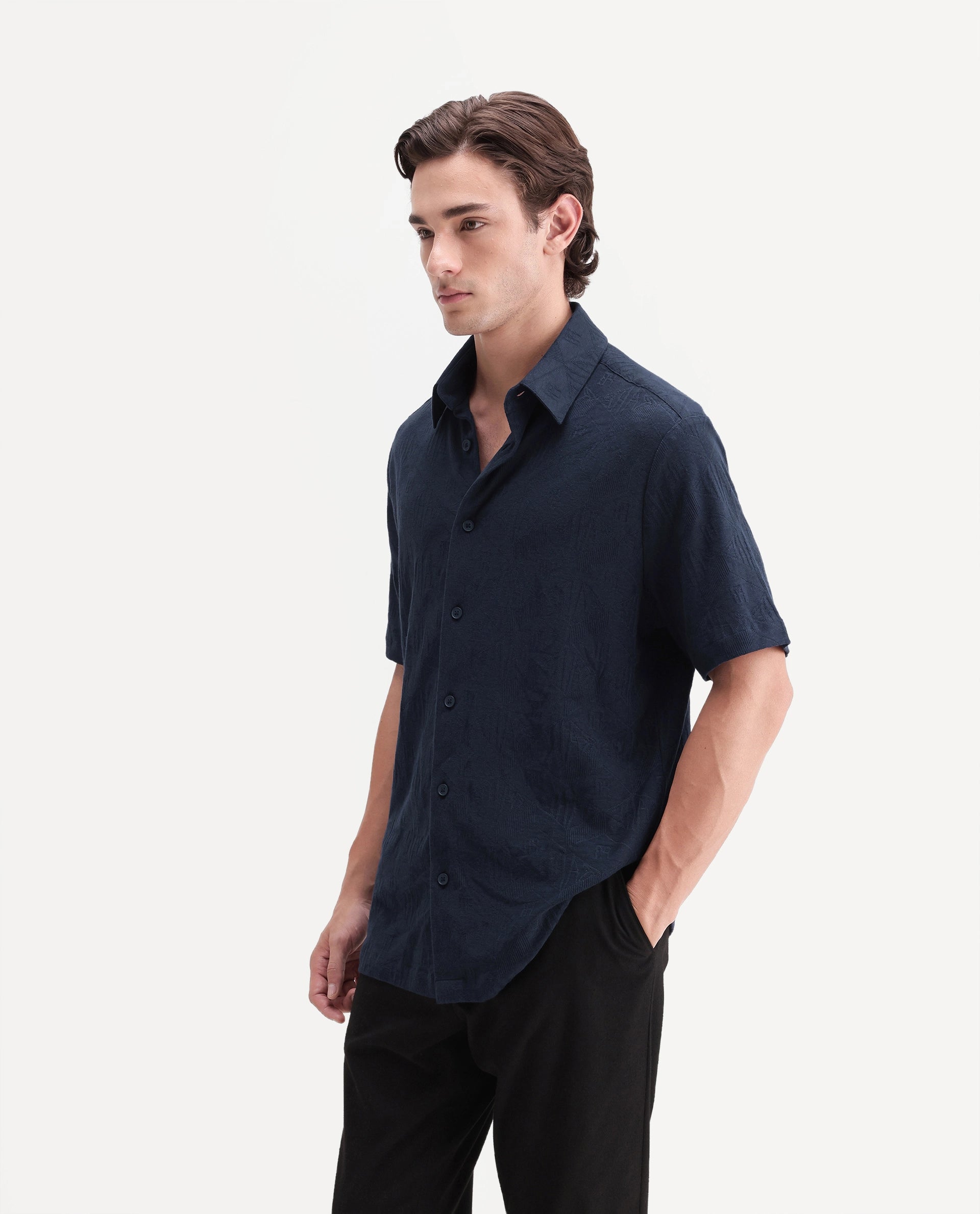 Rare Rabbit Men's Cubs Navy Cotton Button Relaxed Fit Monogram Print Shirt