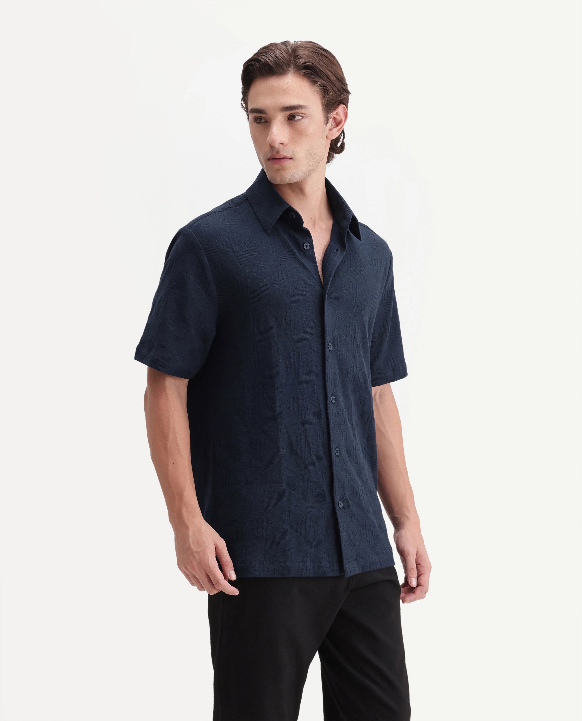 Rare Rabbit Men's Cubs Navy Cotton Button Relaxed Fit Monogram Print Shirt