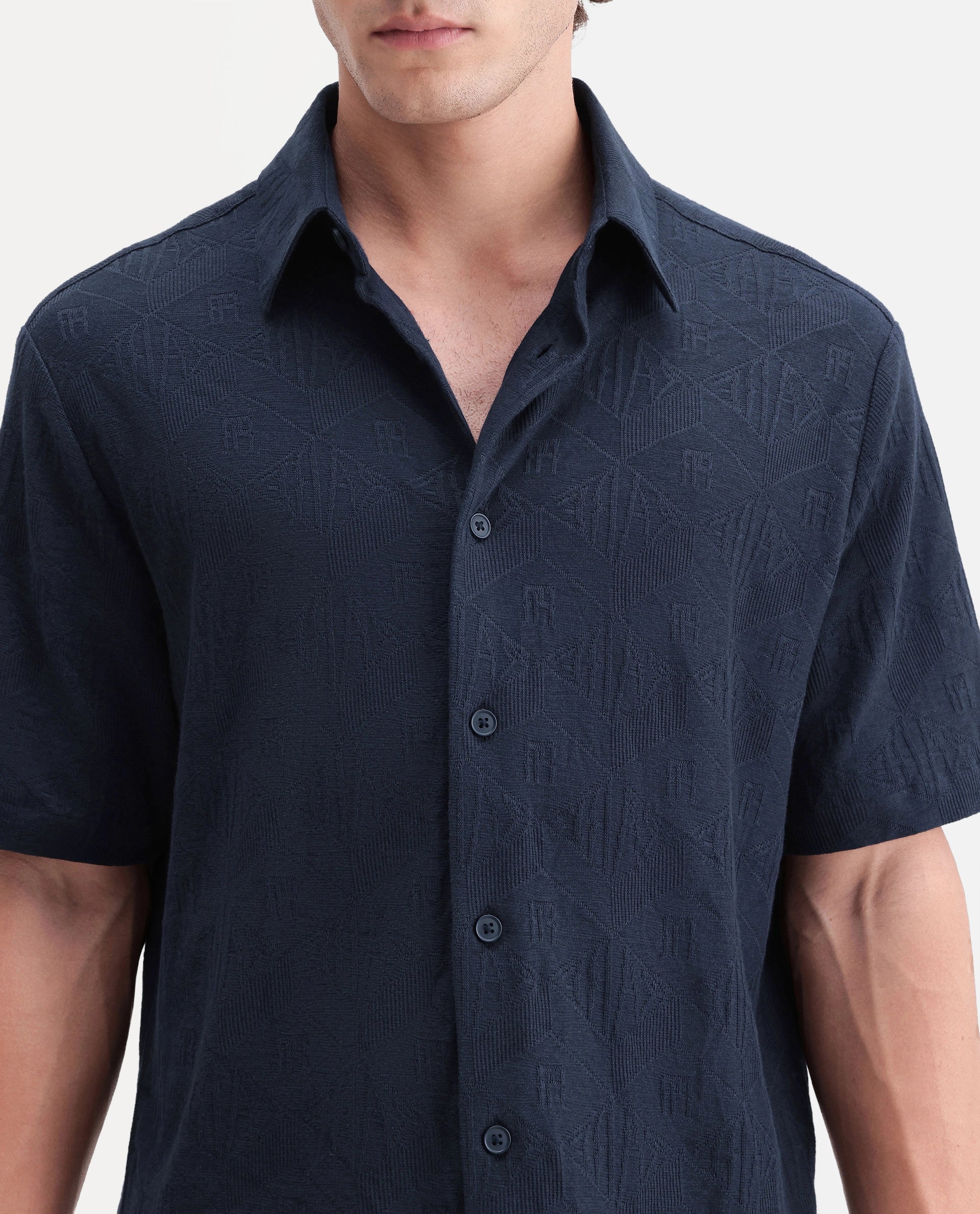 Rare Rabbit Men's Cubs Navy Cotton Button Relaxed Fit Monogram Print Shirt