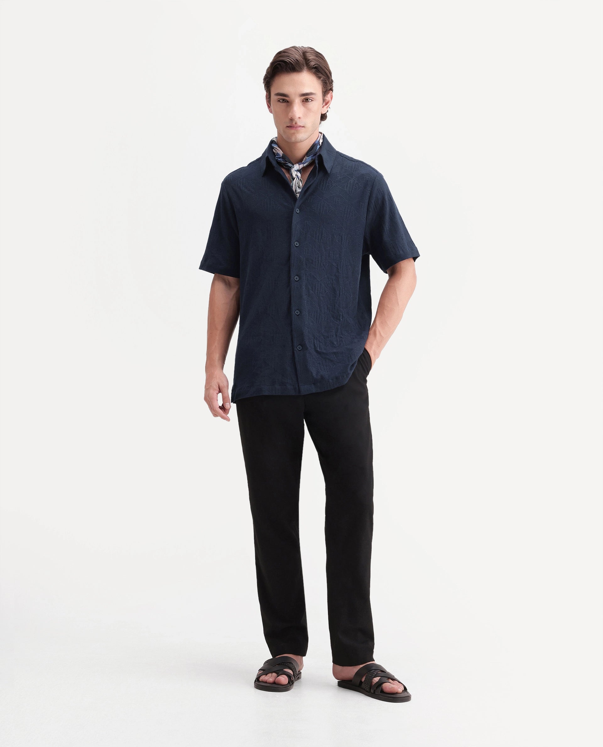Rare Rabbit Men's Cubs Navy Cotton Button Relaxed Fit Monogram Print Shirt