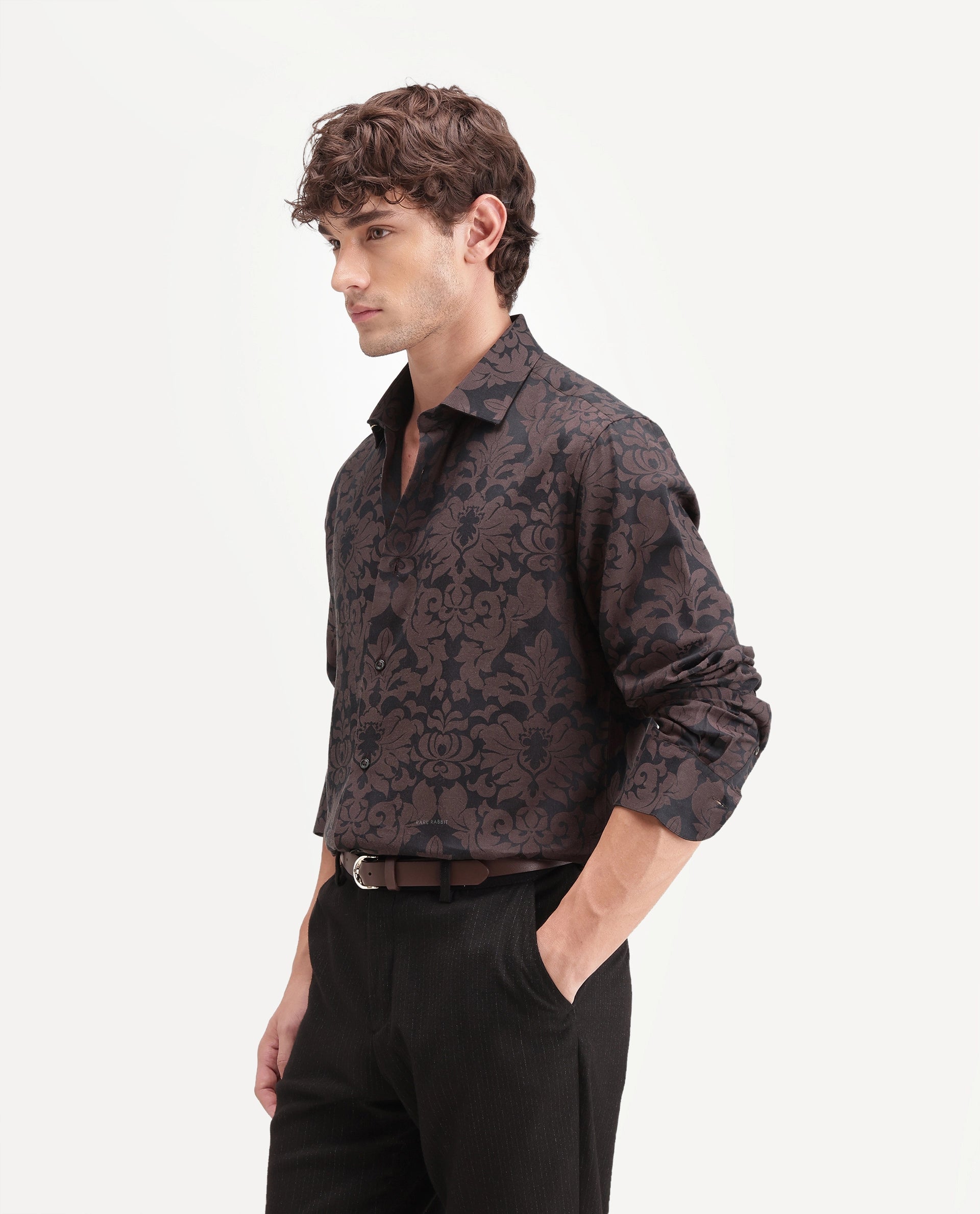 Rare Rabbit Men's Rio Brown Cotton Blend Button Regular Fit Jacquard Shirt
