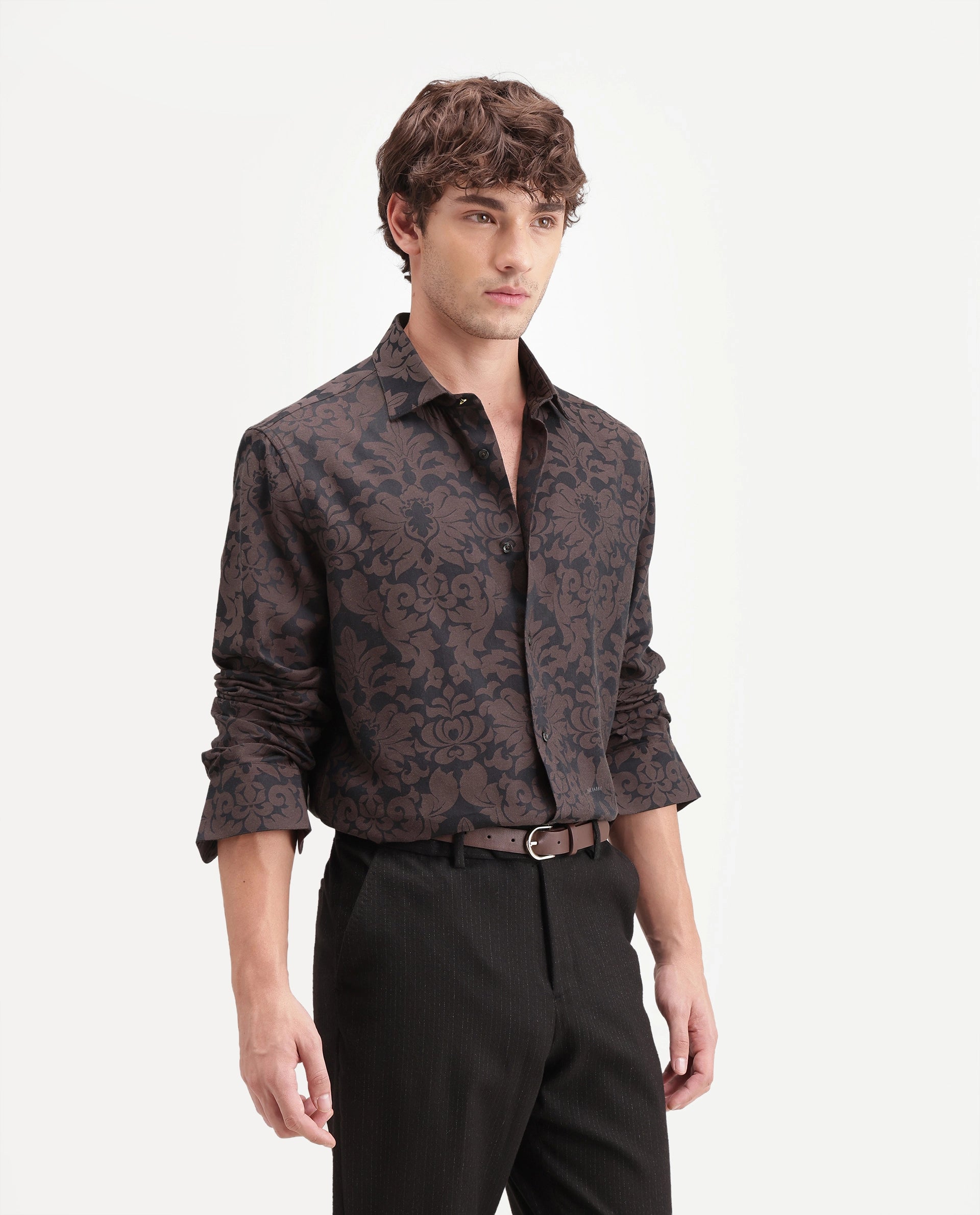 Rare Rabbit Men's Rio Brown Cotton Blend Button Regular Fit Jacquard Shirt