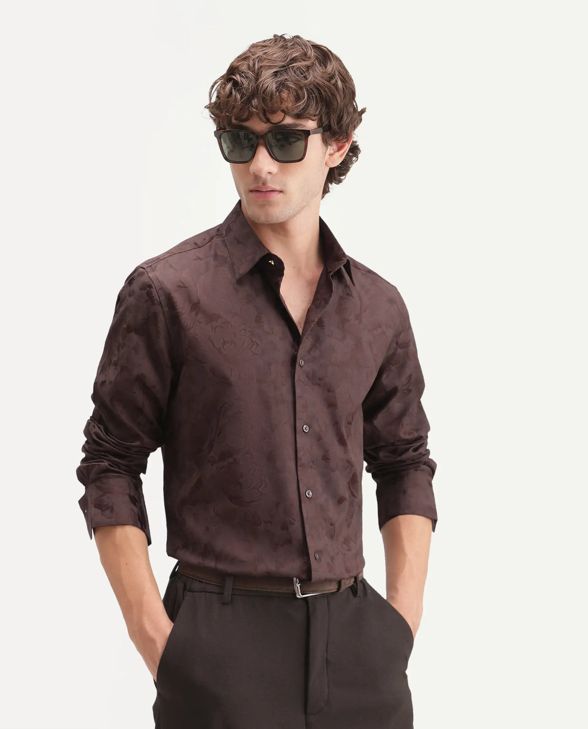 Rare Rabbit Men's Kavo Brown Polyester Blend Button Regular Fit Jacquard Shirt