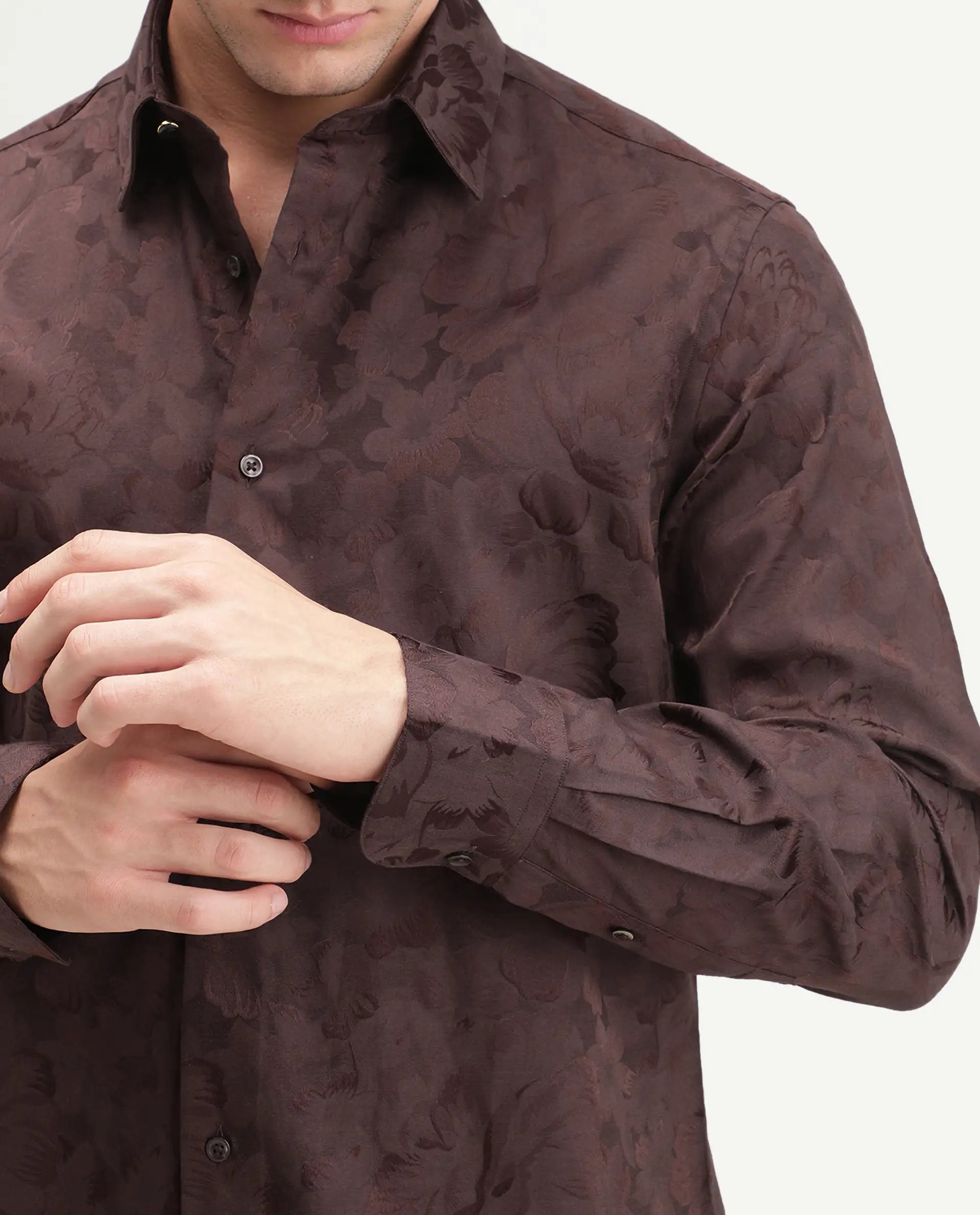 Rare Rabbit Men's Kavo Brown Polyester Blend Button Regular Fit Jacquard Shirt