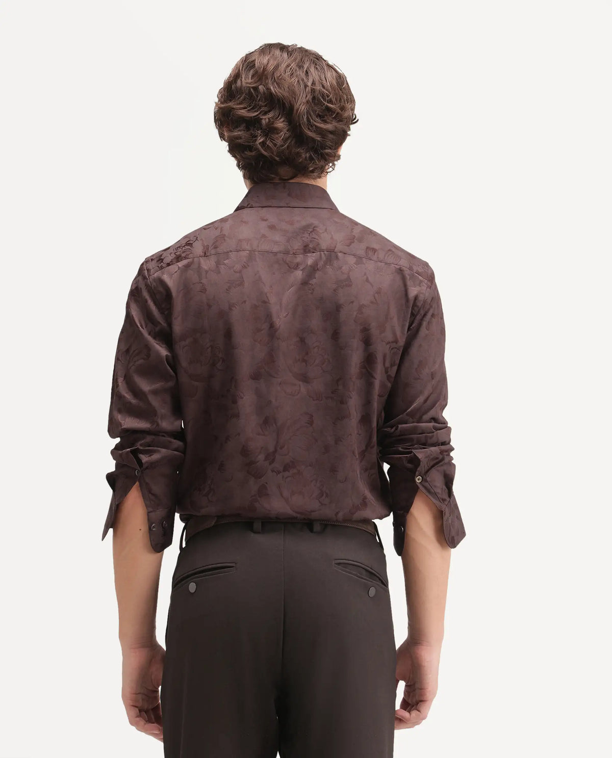 Rare Rabbit Men's Kavo Brown Polyester Blend Button Regular Fit Jacquard Shirt