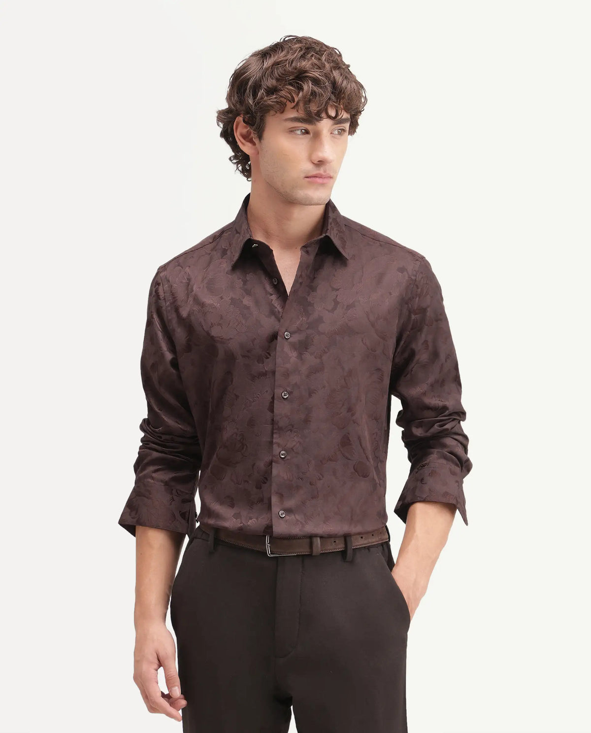 Rare Rabbit Men's Kavo Brown Polyester Blend Button Regular Fit Jacquard Shirt