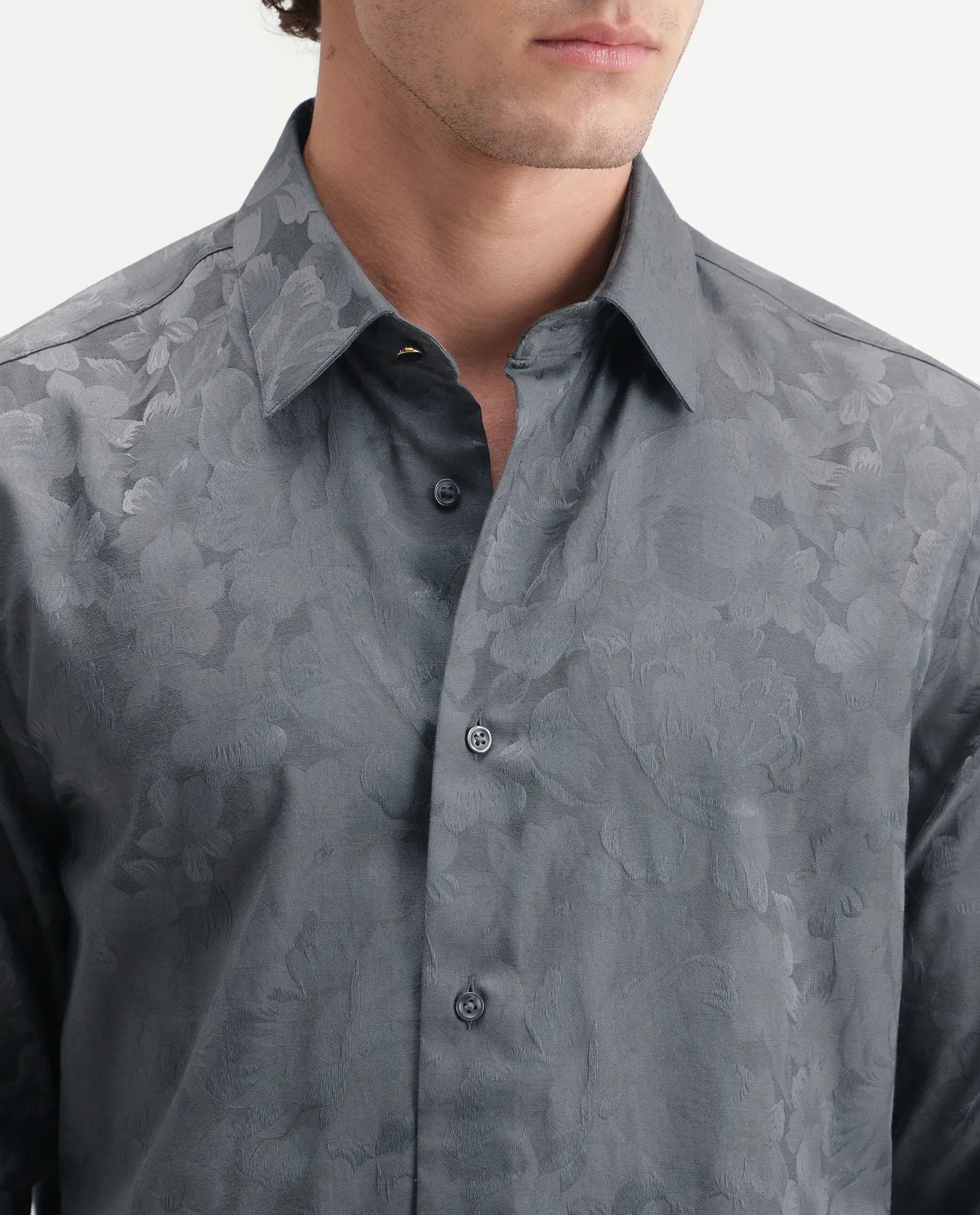 Rare Rabbit Men's Kavo Grey Polyester Blend Button Regular Fit Jacquard Shirt