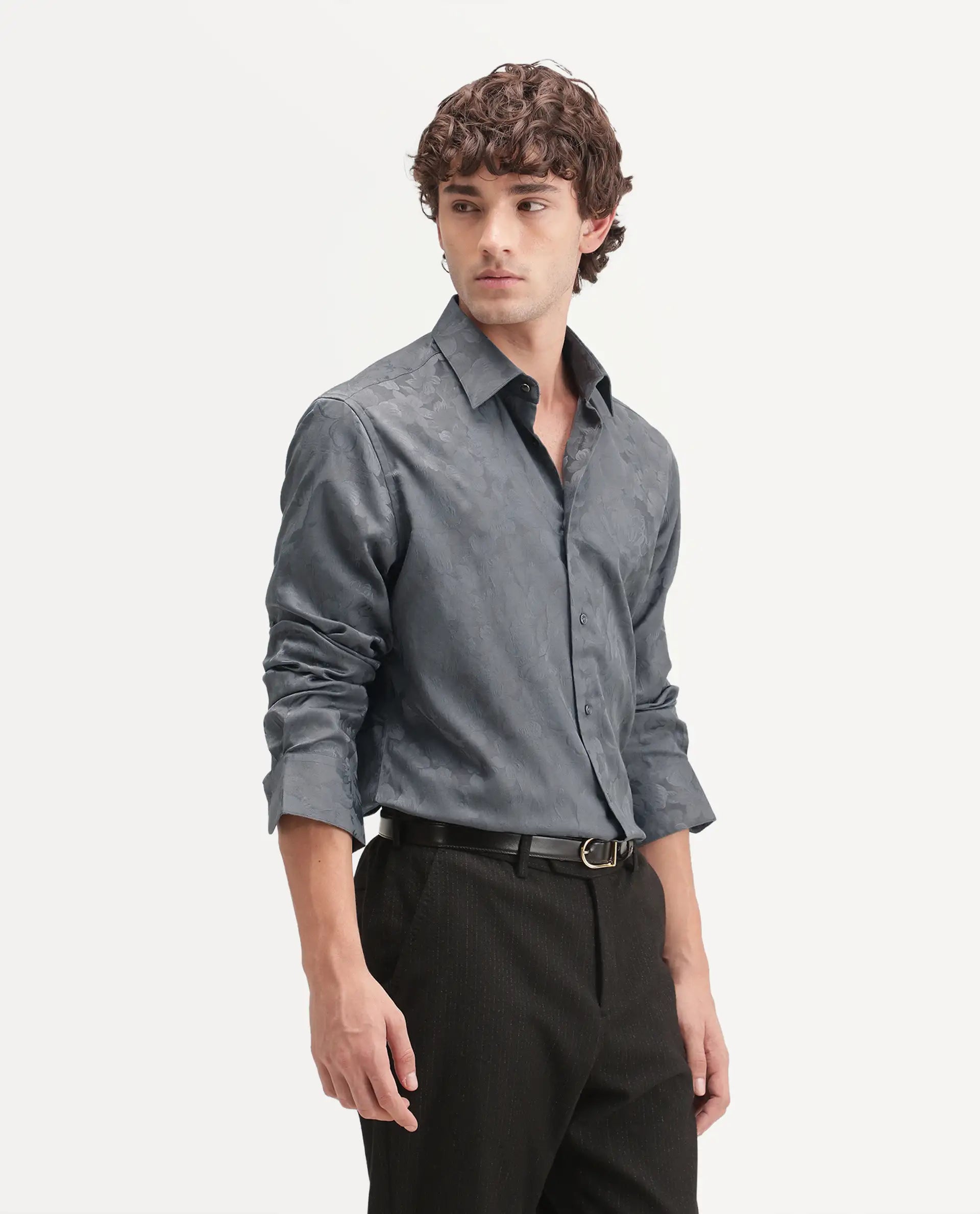 Rare Rabbit Men's Kavo Grey Polyester Blend Button Regular Fit Jacquard Shirt