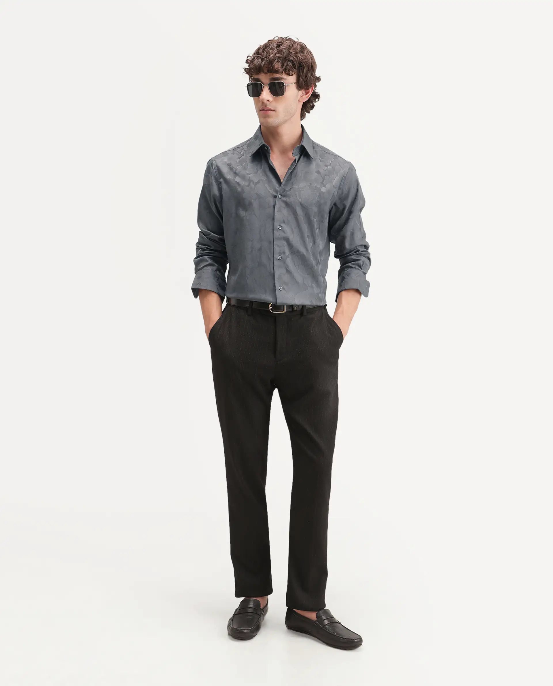Rare Rabbit Men's Kavo Grey Polyester Blend Button Regular Fit Jacquard Shirt