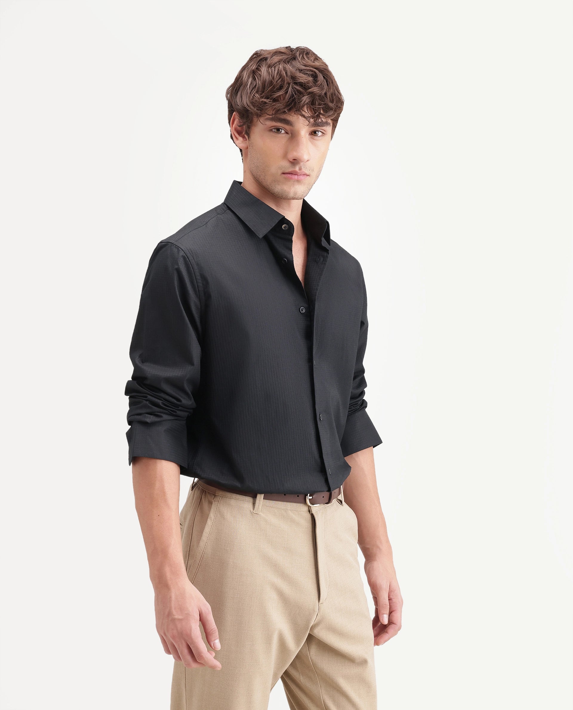Rare Rabbit Men's Jane Dusky Black Cotton Button Regular Fit Plain Shirt