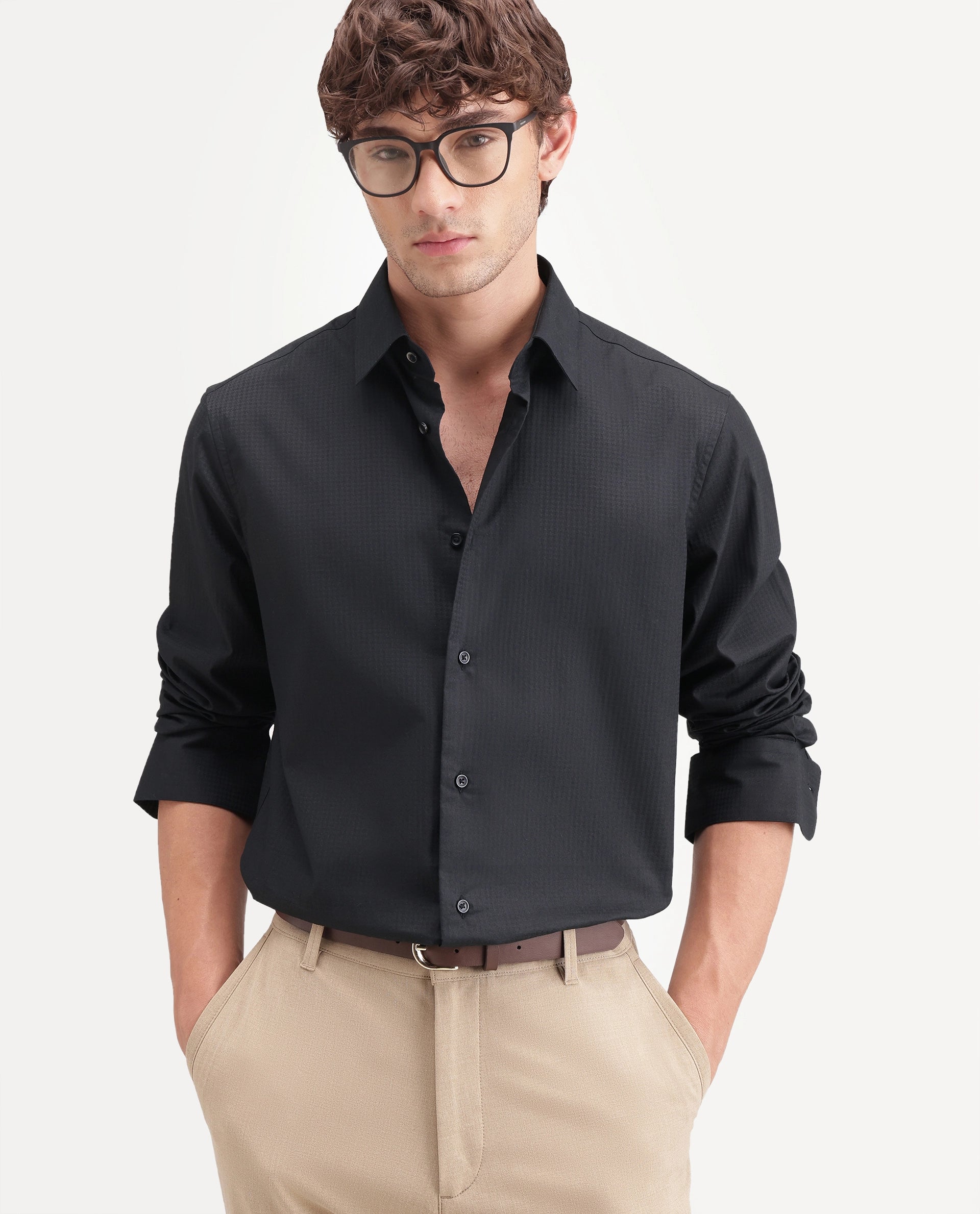 Rare Rabbit Men's Jane Dusky Black Cotton Button Regular Fit Plain Shirt