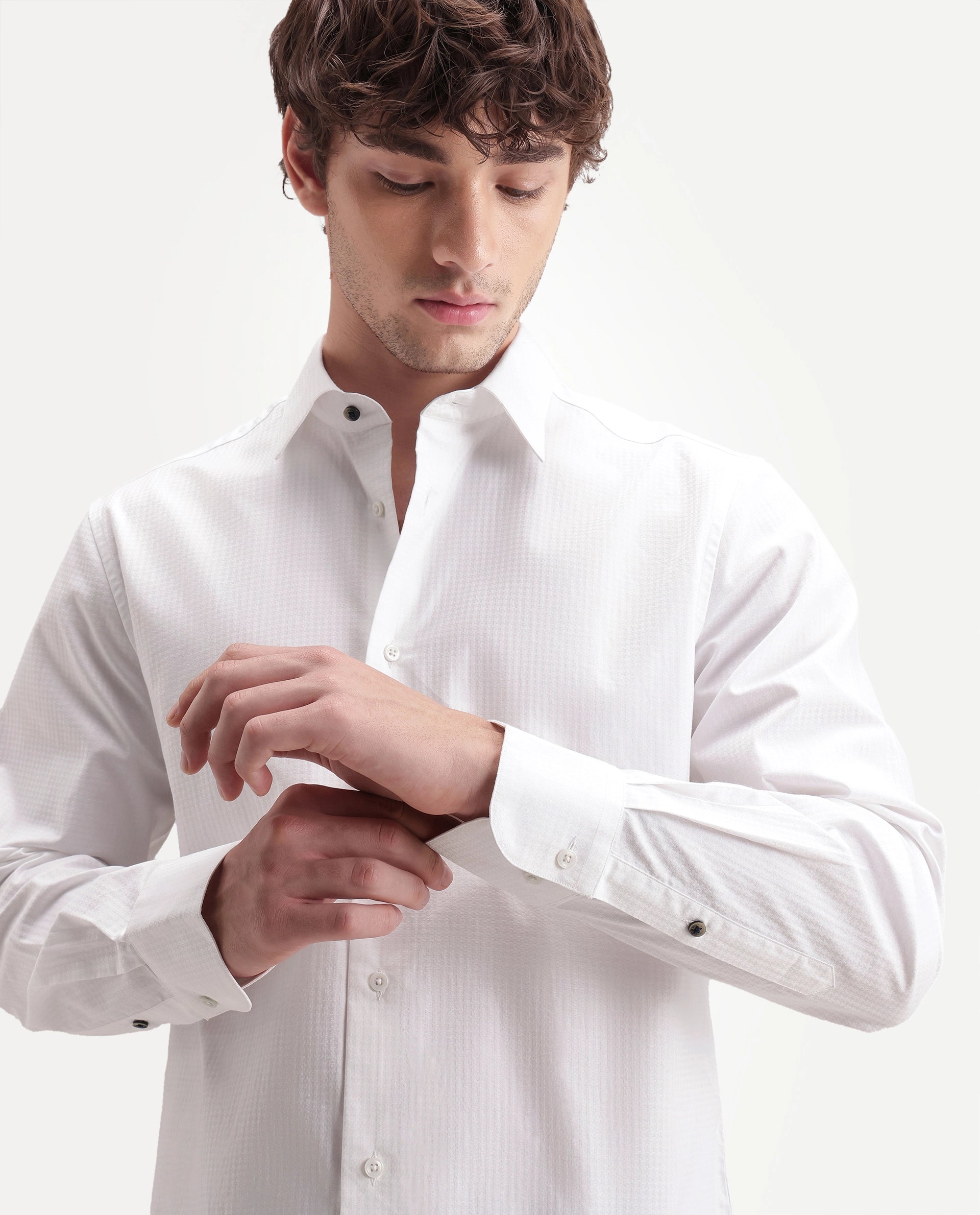 Rare Rabbit Men's Jane White Cotton Button Regular Fit Plain Shirt