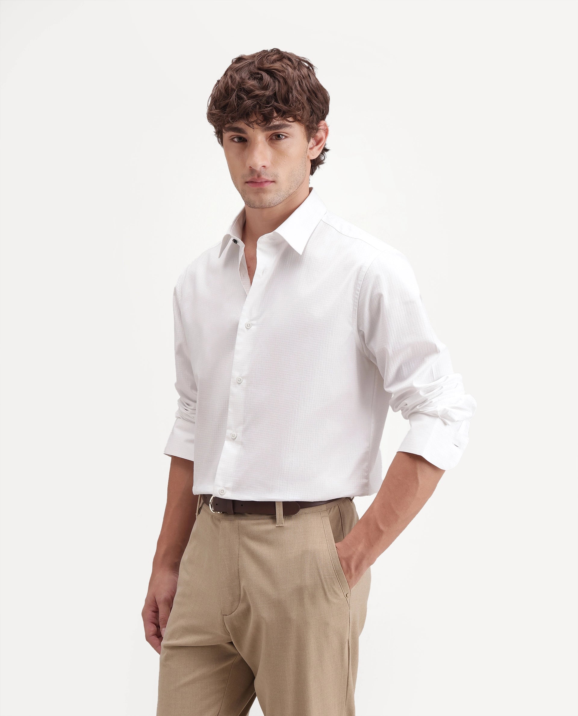Rare Rabbit Men's Jane White Cotton Button Regular Fit Plain Shirt