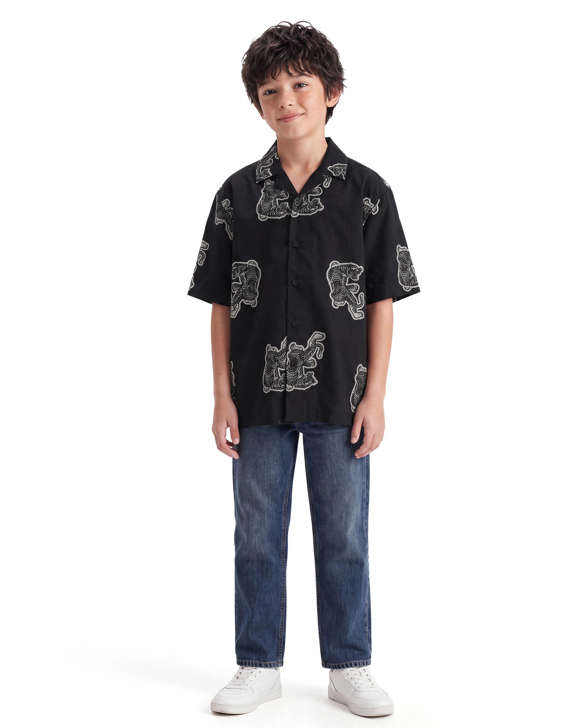 Rare Ones Kids Binic Black Cotton Blend Fabric Cuban Collar Button Closure Regular Fit Digital Print Shirt