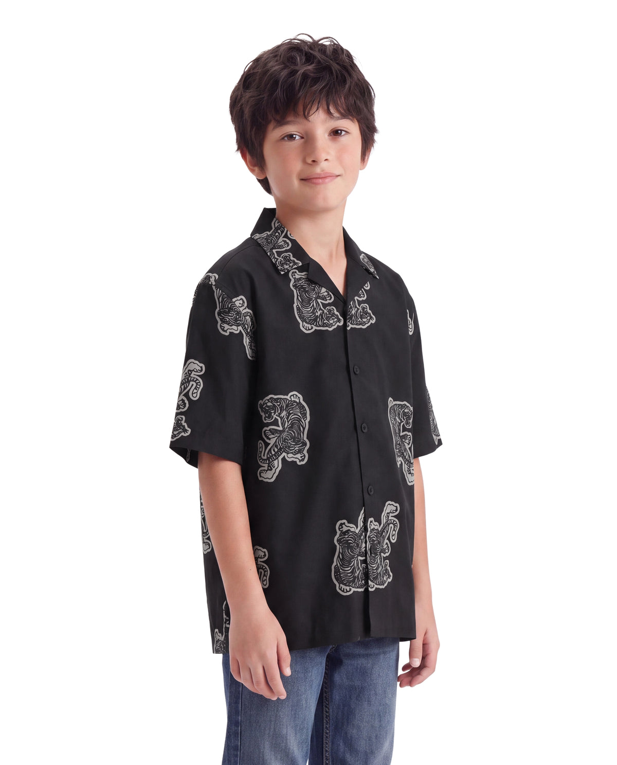 Rare Ones Kids Binic Black Cotton Blend Fabric Cuban Collar Button Closure Regular Fit Digital Print Shirt