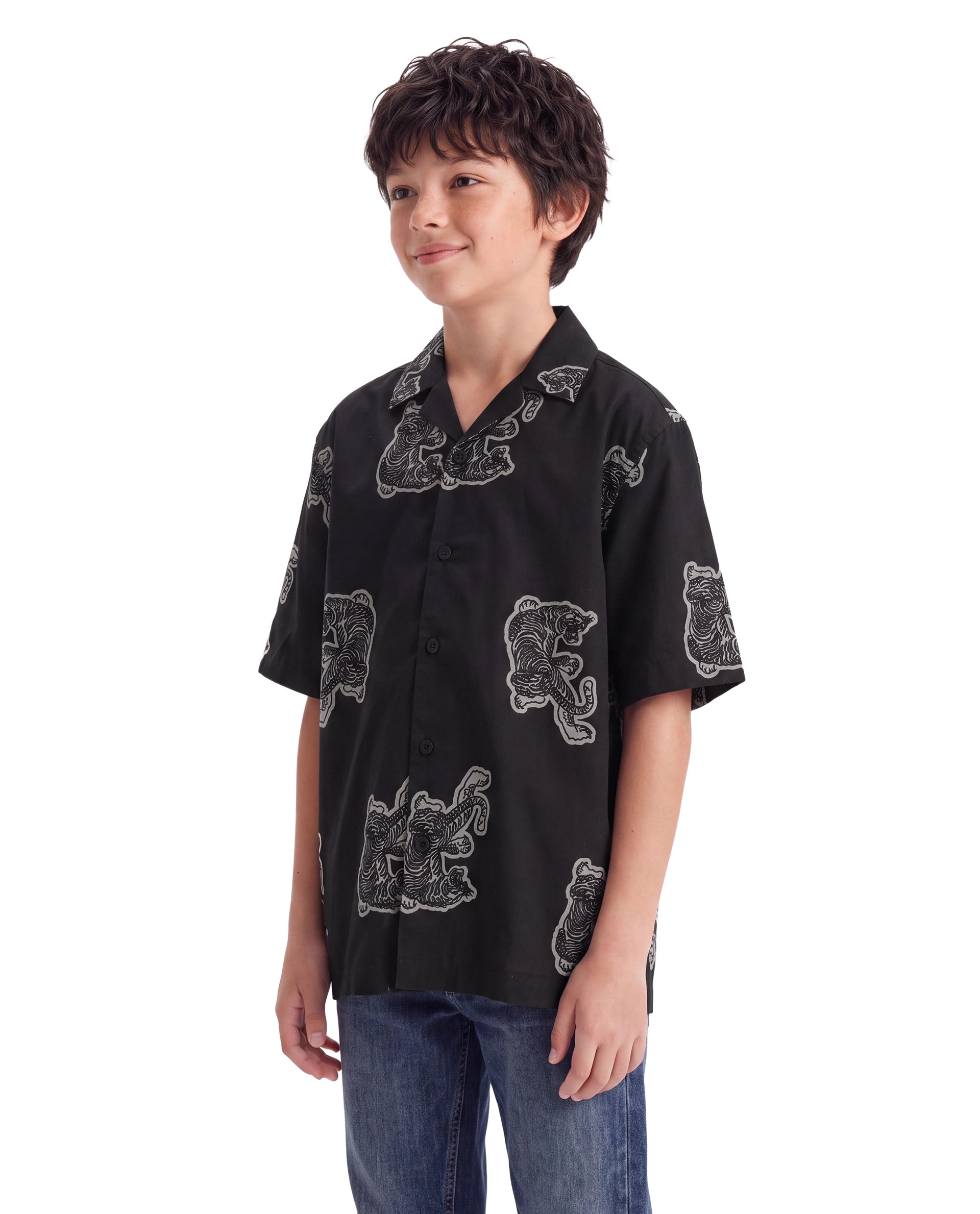 Rare Ones Kids Binic Black Cotton Blend Fabric Cuban Collar Button Closure Regular Fit Digital Print Shirt