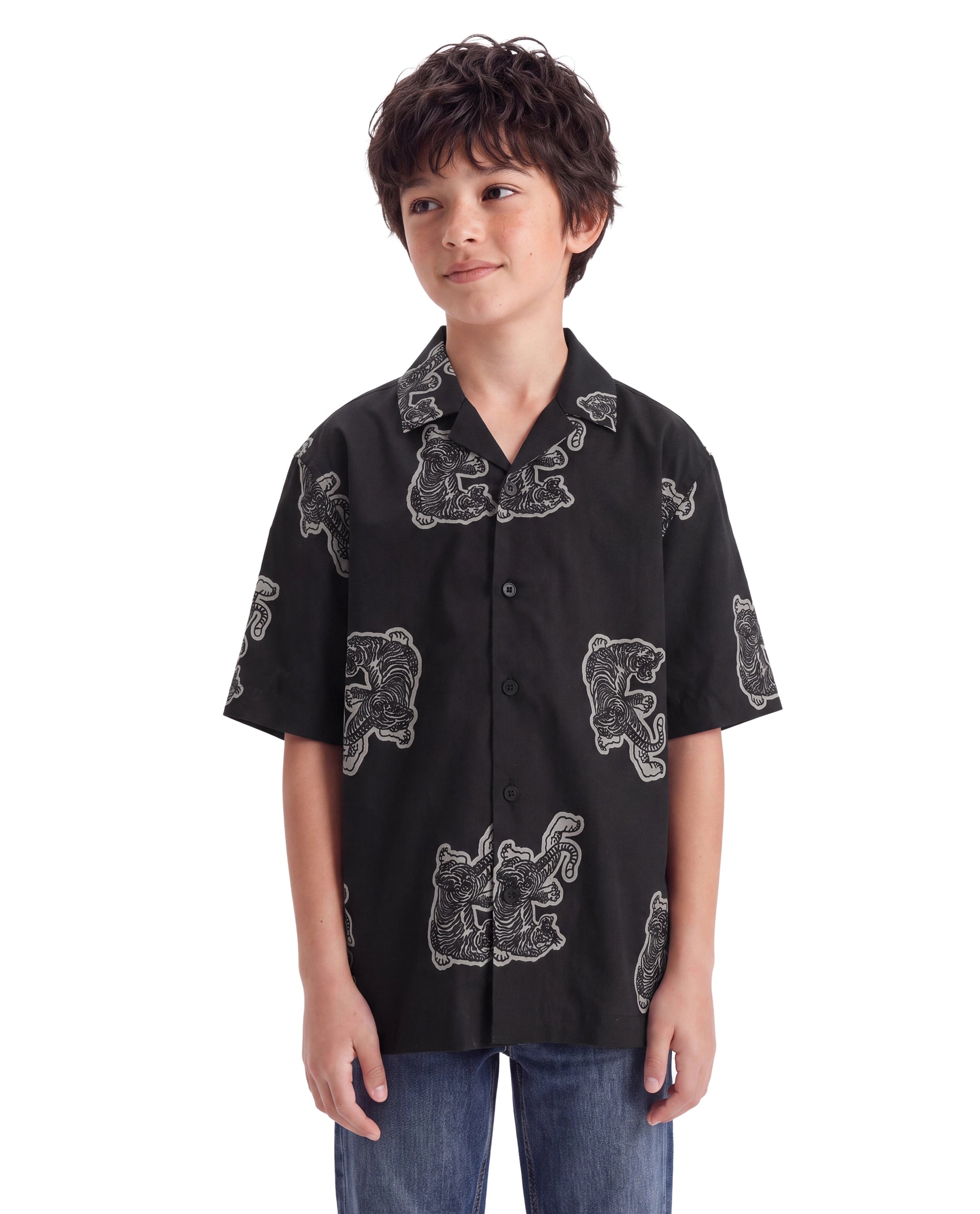 Rare Ones Kids Binic Black Cotton Blend Fabric Cuban Collar Button Closure Regular Fit Digital Print Shirt