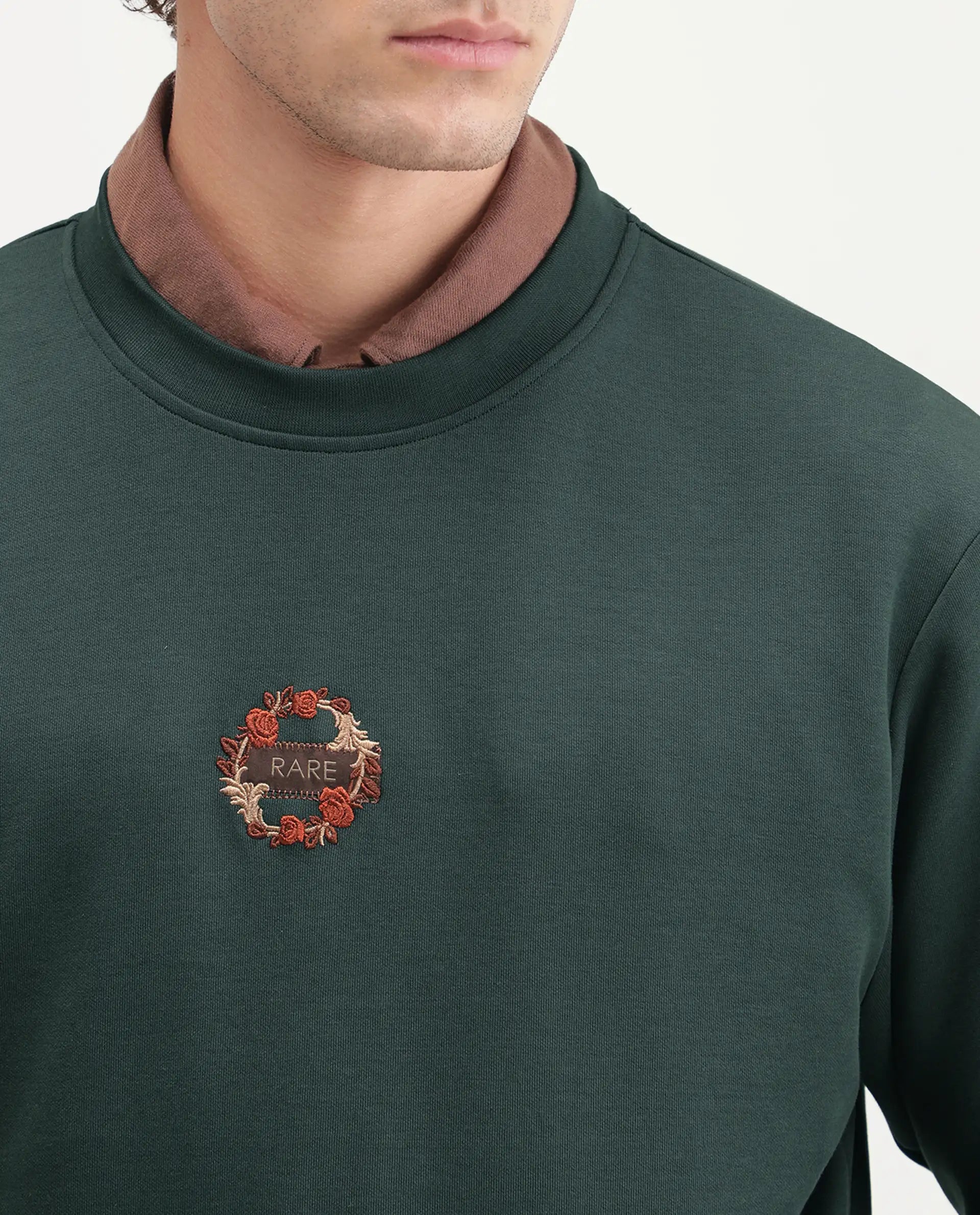 Rare Rabbit Men's Gian Dark Green Cotton Blend Crew Neck Regular Embroidered Sweatshirt