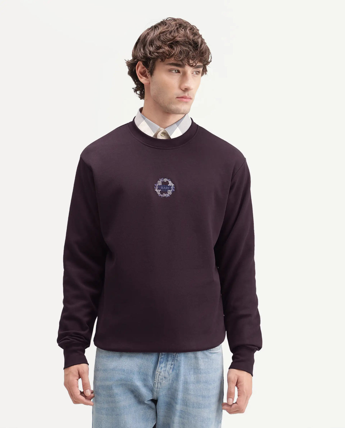 Rare Rabbit Men's Gian Dark Maroon Cotton Blend Crew Neck Regular Embroidered Sweatshirt