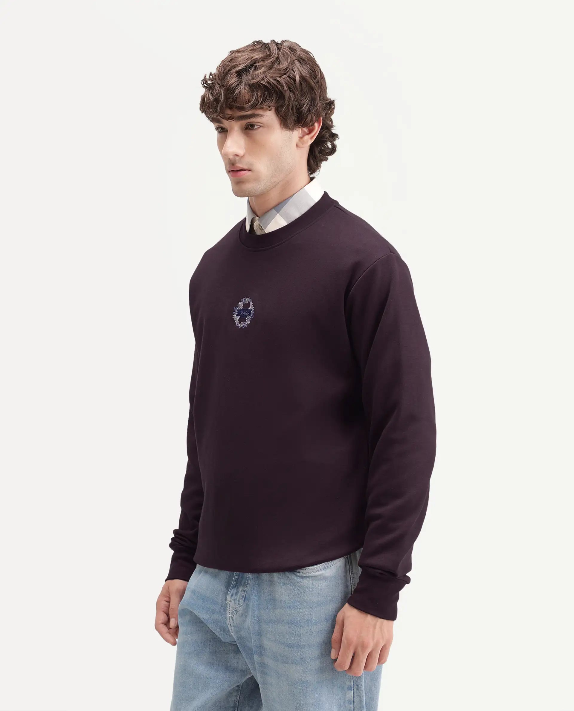 Rare Rabbit Men's Gian Dark Maroon Cotton Blend Crew Neck Regular Embroidered Sweatshirt