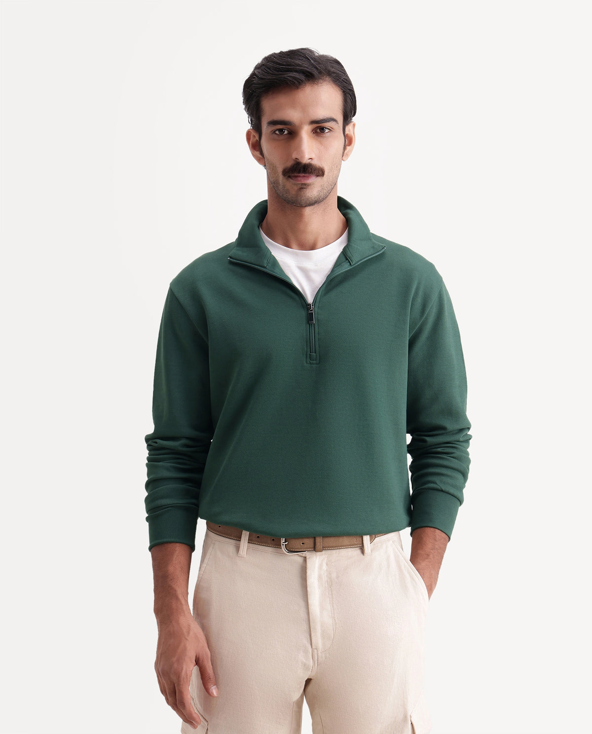 Rare Rabbit Men's Polza Green Cotton Blend Stand Collar Zipper Regular Plain Sweatshirt - image 1