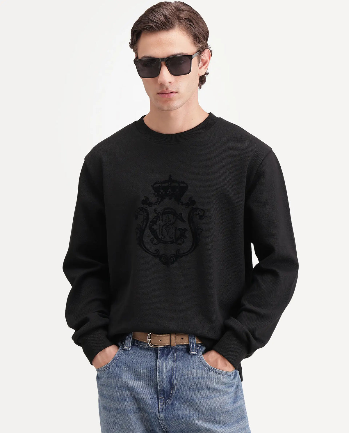Rare Rabbit Men's Lago Primary Black Cotton Blend Crew Neck Regular Graphic Print Sweatshirt