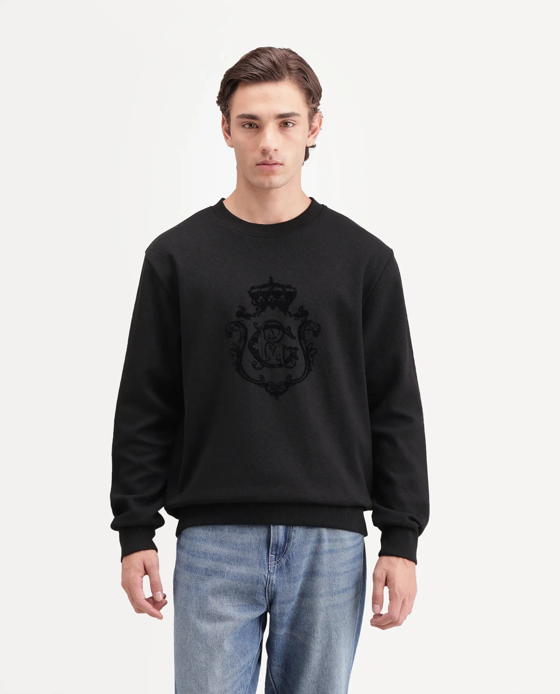 Rare Rabbit Men's Lago Primary Black Cotton Blend Crew Neck Regular Graphic Print Sweatshirt