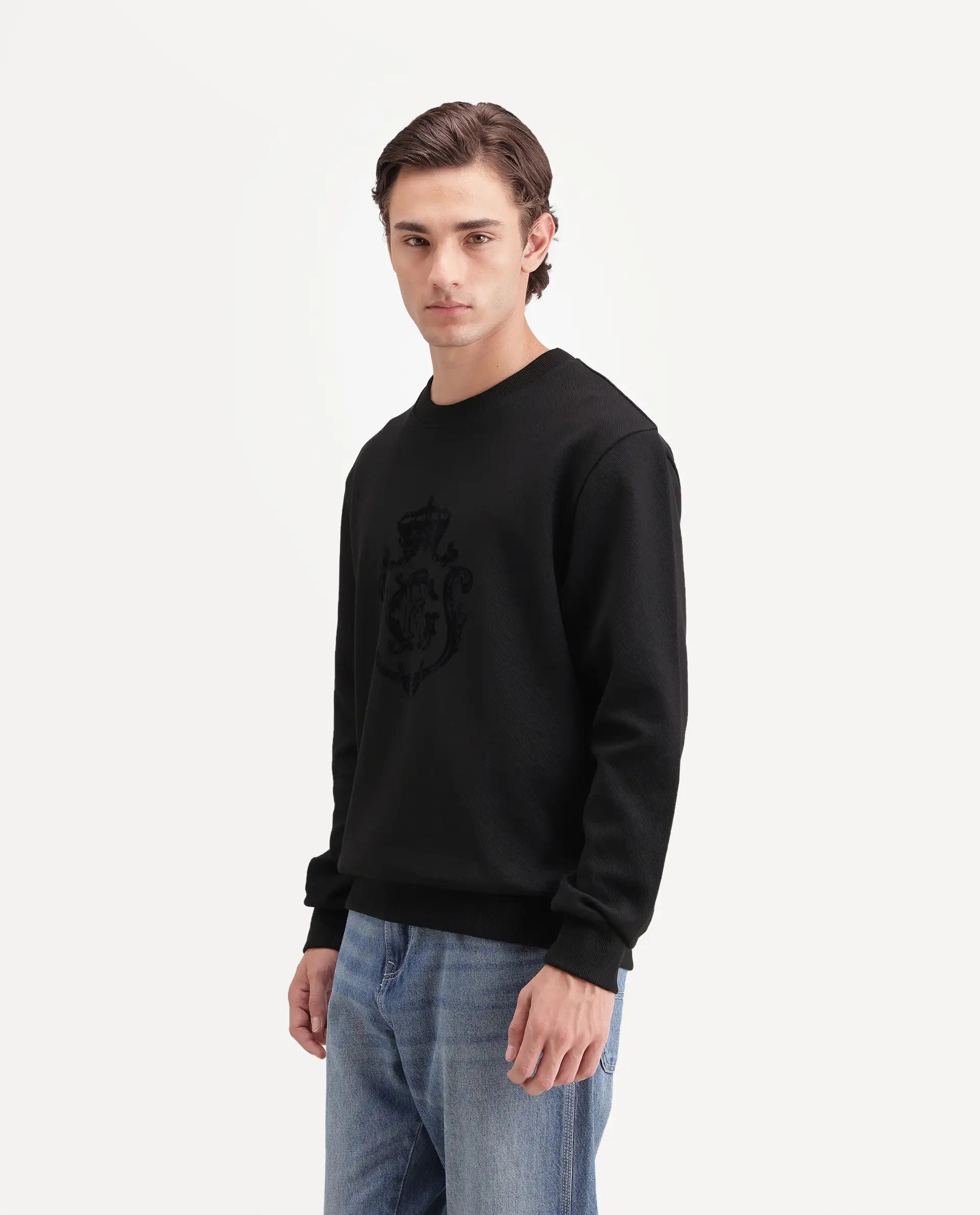Rare Rabbit Men's Lago Primary Black Cotton Blend Crew Neck Regular Graphic Print Sweatshirt