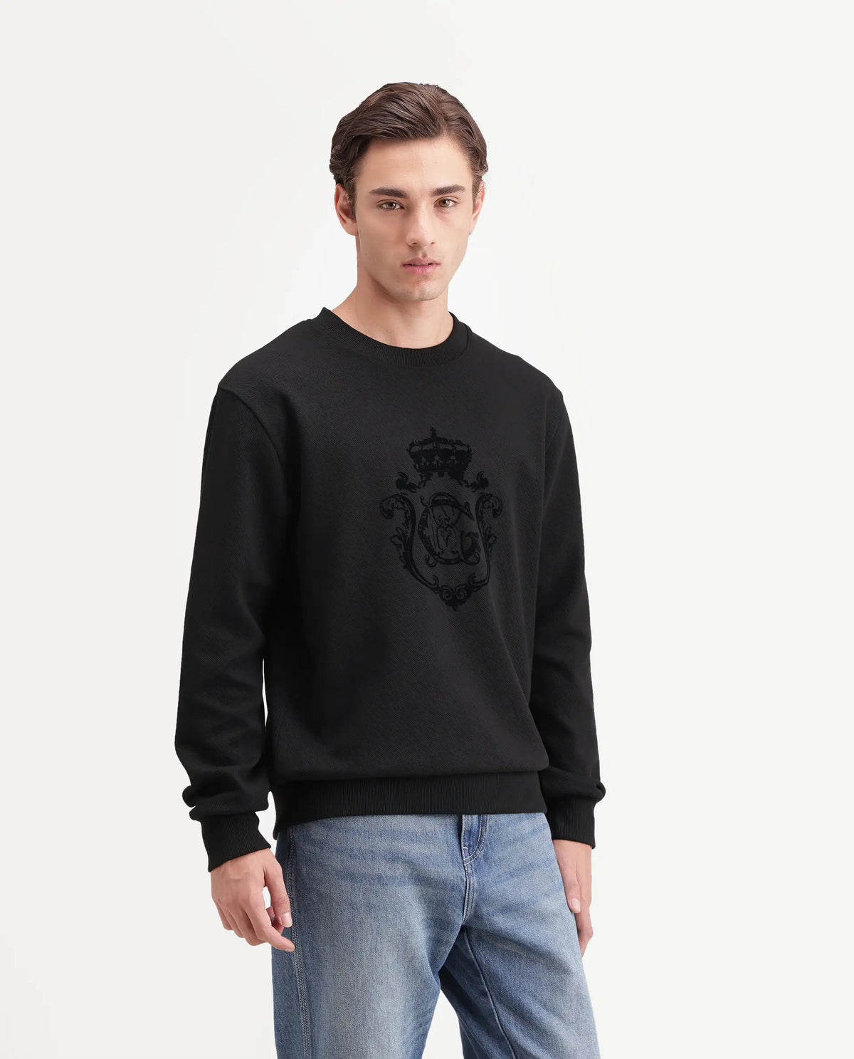 Rare Rabbit Men's Lago Primary Black Cotton Blend Crew Neck Regular Graphic Print Sweatshirt