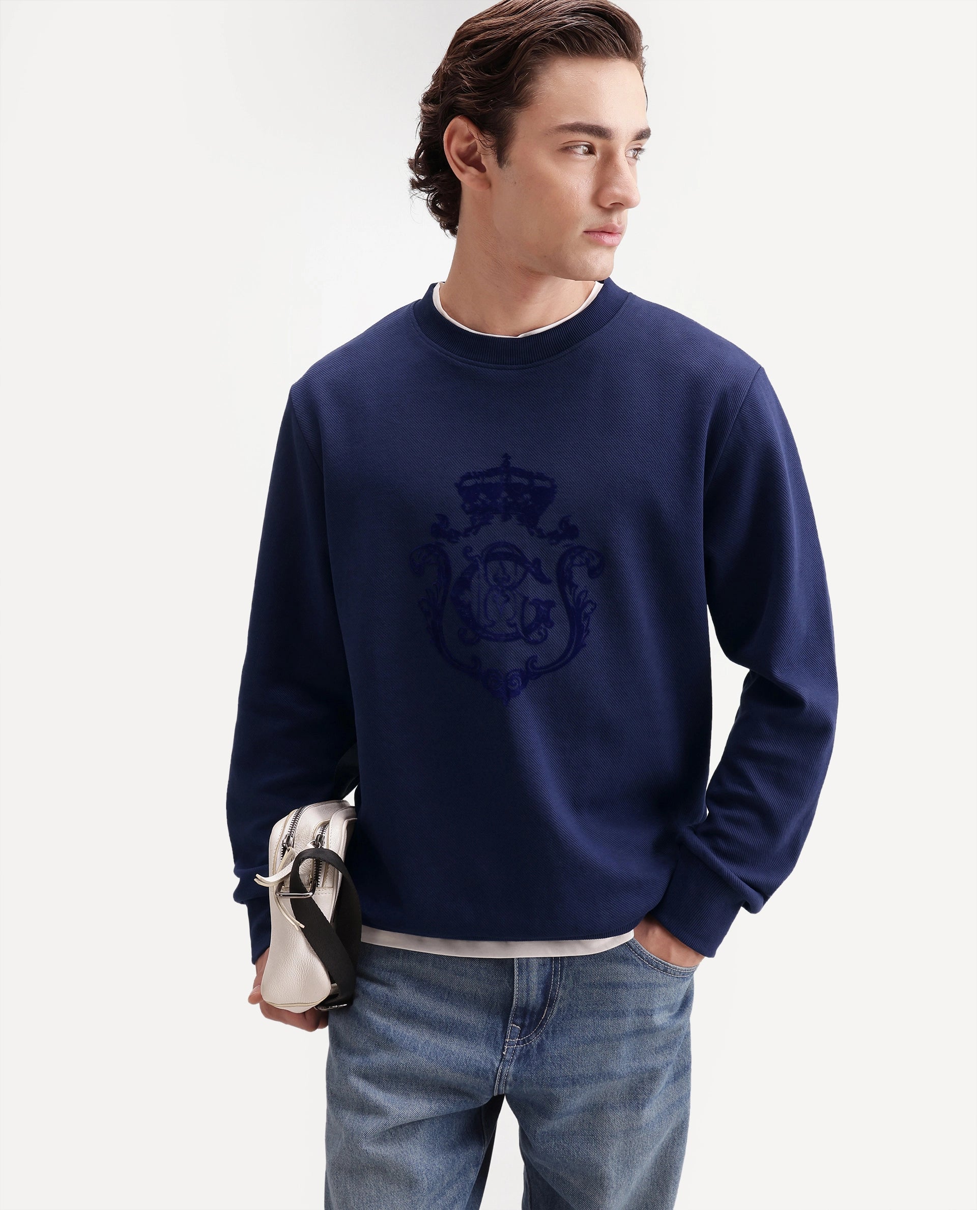 Rare Rabbit Men's Lago Primary Navy Cotton Blend Crew Neck Regular Graphic Print Sweatshirt