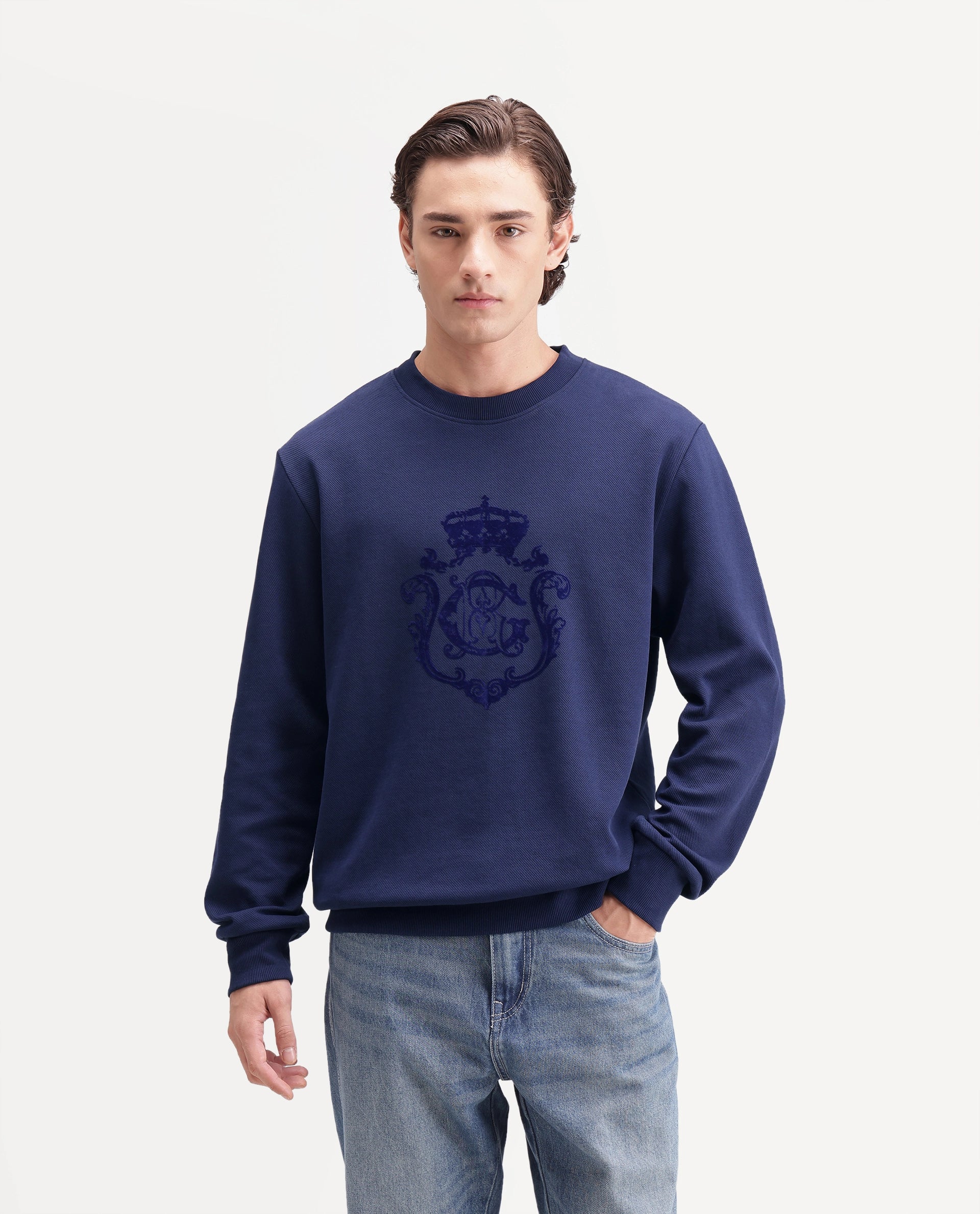 Rare Rabbit Men's Lago Primary Navy Cotton Blend Crew Neck Regular Graphic Print Sweatshirt