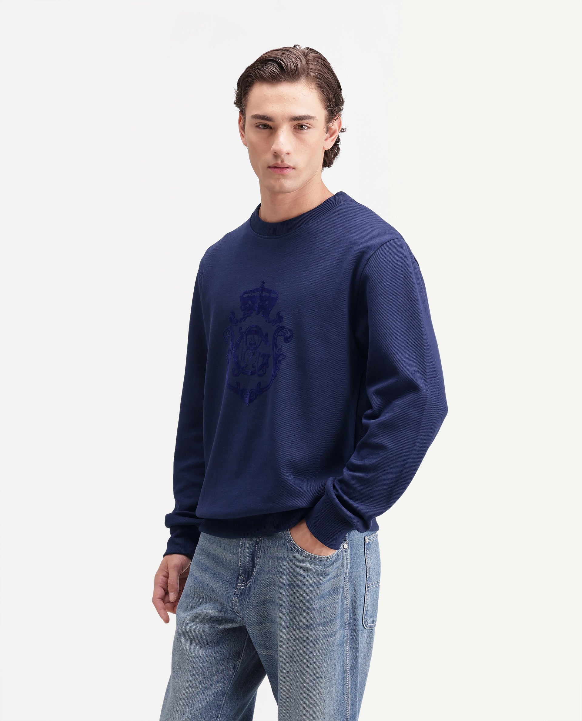 Rare Rabbit Men's Lago Primary Navy Cotton Blend Crew Neck Regular Graphic Print Sweatshirt