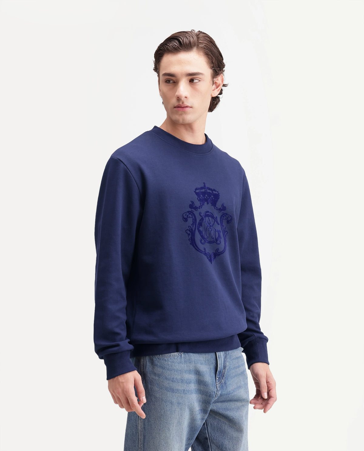 Rare Rabbit Men's Lago Primary Navy Cotton Blend Crew Neck Regular Graphic Print Sweatshirt