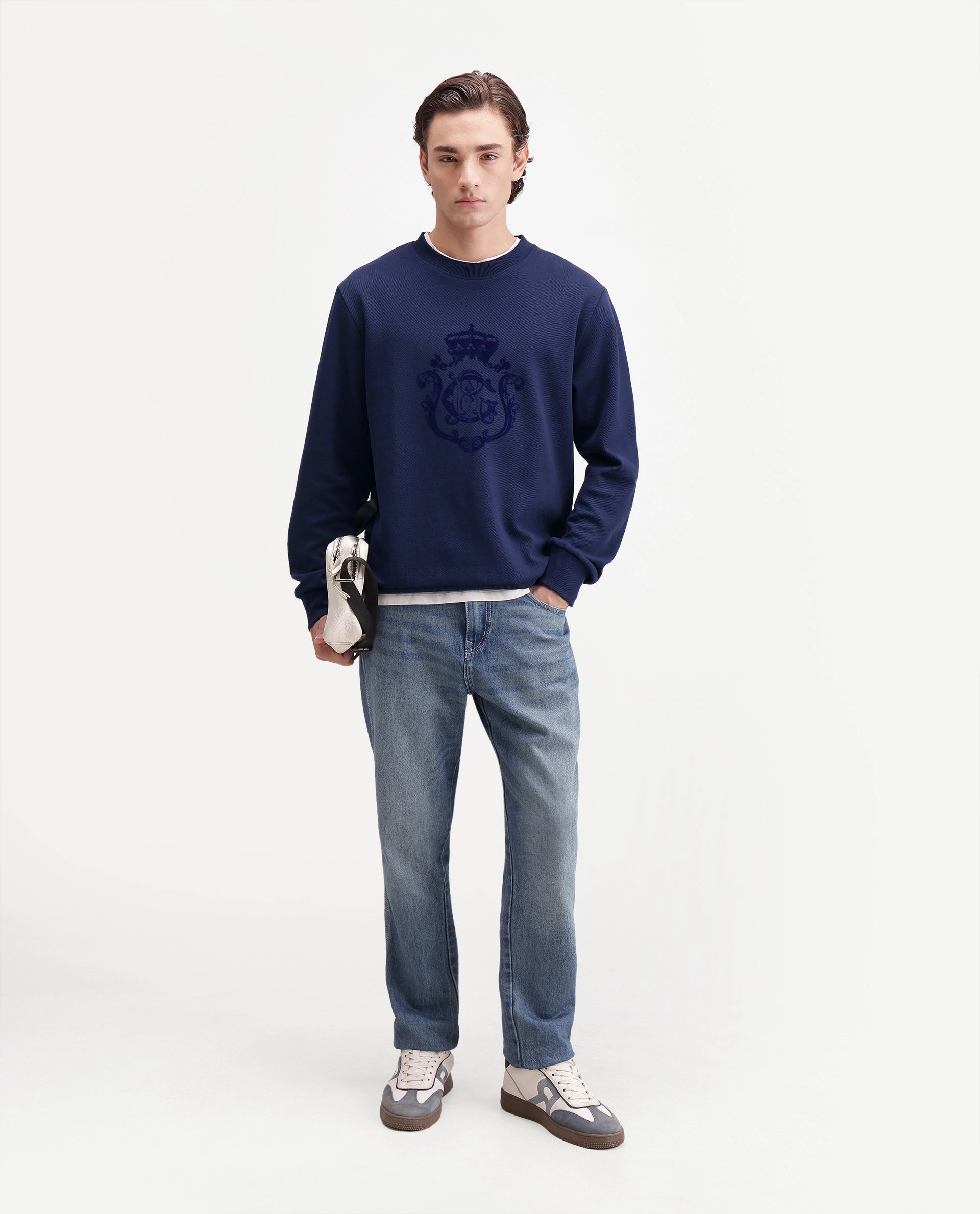 Rare Rabbit Men's Lago Primary Navy Cotton Blend Crew Neck Regular Graphic Print Sweatshirt