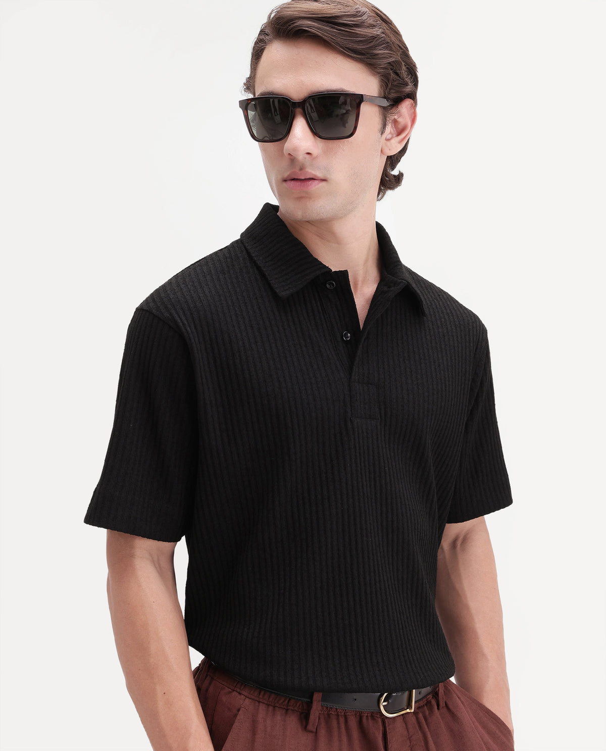 Rare Rabbit Men's Hexx Primary Black Cotton Blend Spread Collar Regular Plain Polo