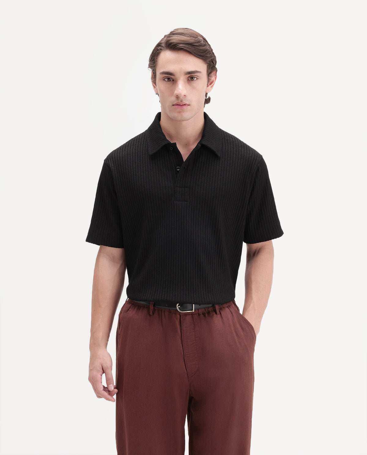 Rare Rabbit Men's Hexx Primary Black Cotton Blend Spread Collar Regular Plain Polo