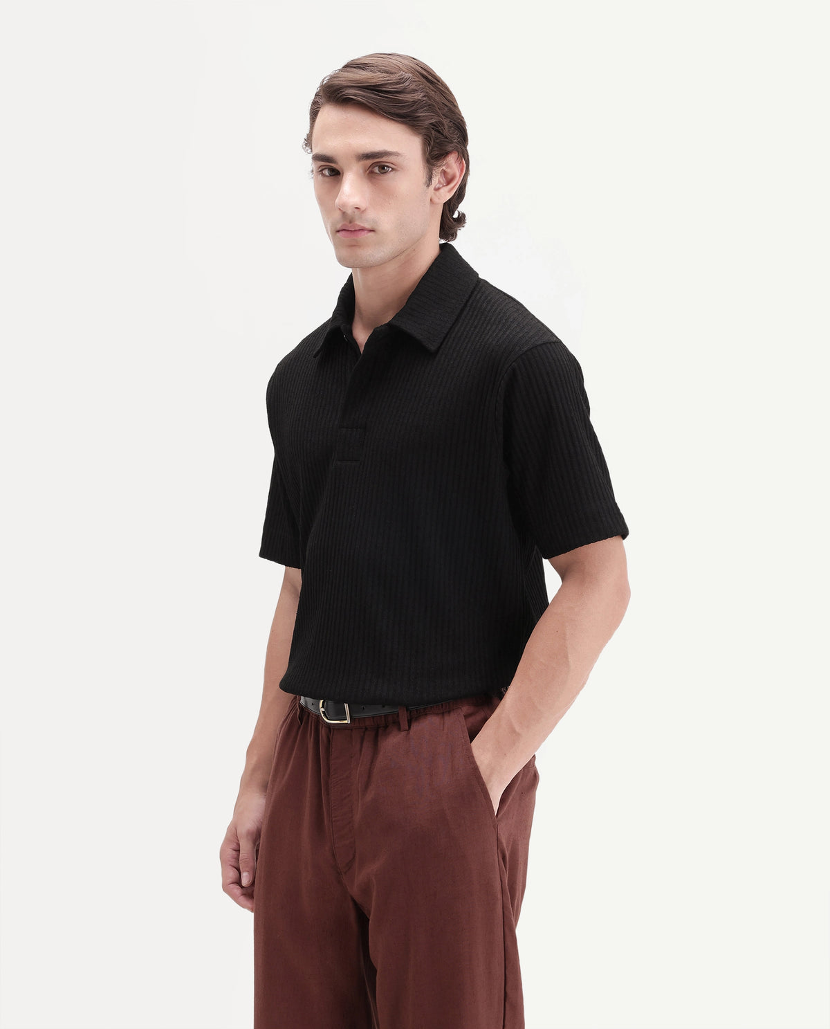 Rare Rabbit Men's Hexx Primary Black Cotton Blend Spread Collar Regular Plain Polo