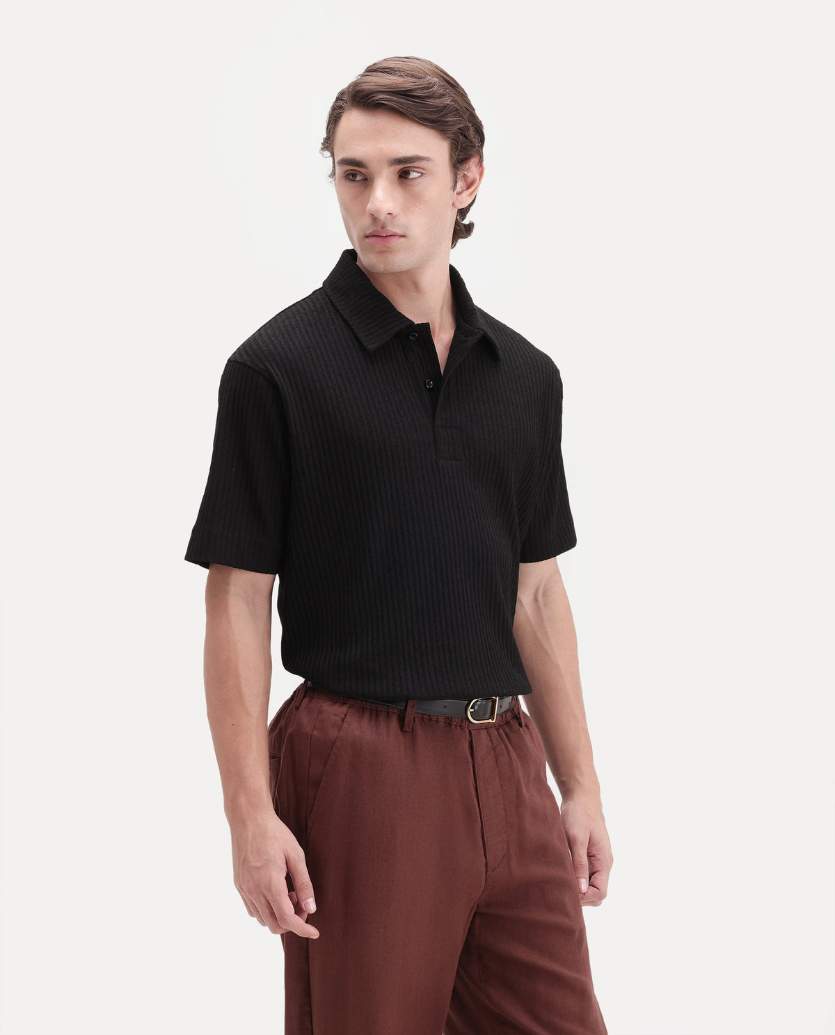 Rare Rabbit Men's Hexx Primary Black Cotton Blend Spread Collar Regular Plain Polo