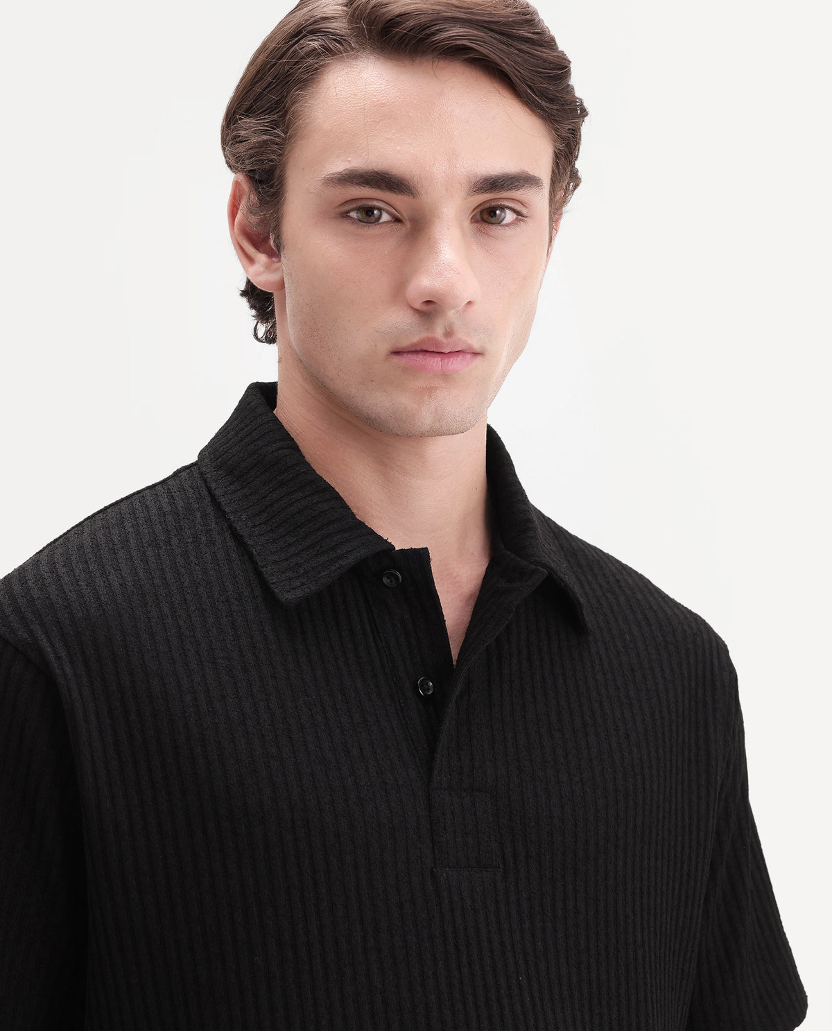 Rare Rabbit Men's Hexx Primary Black Cotton Blend Spread Collar Regular Plain Polo