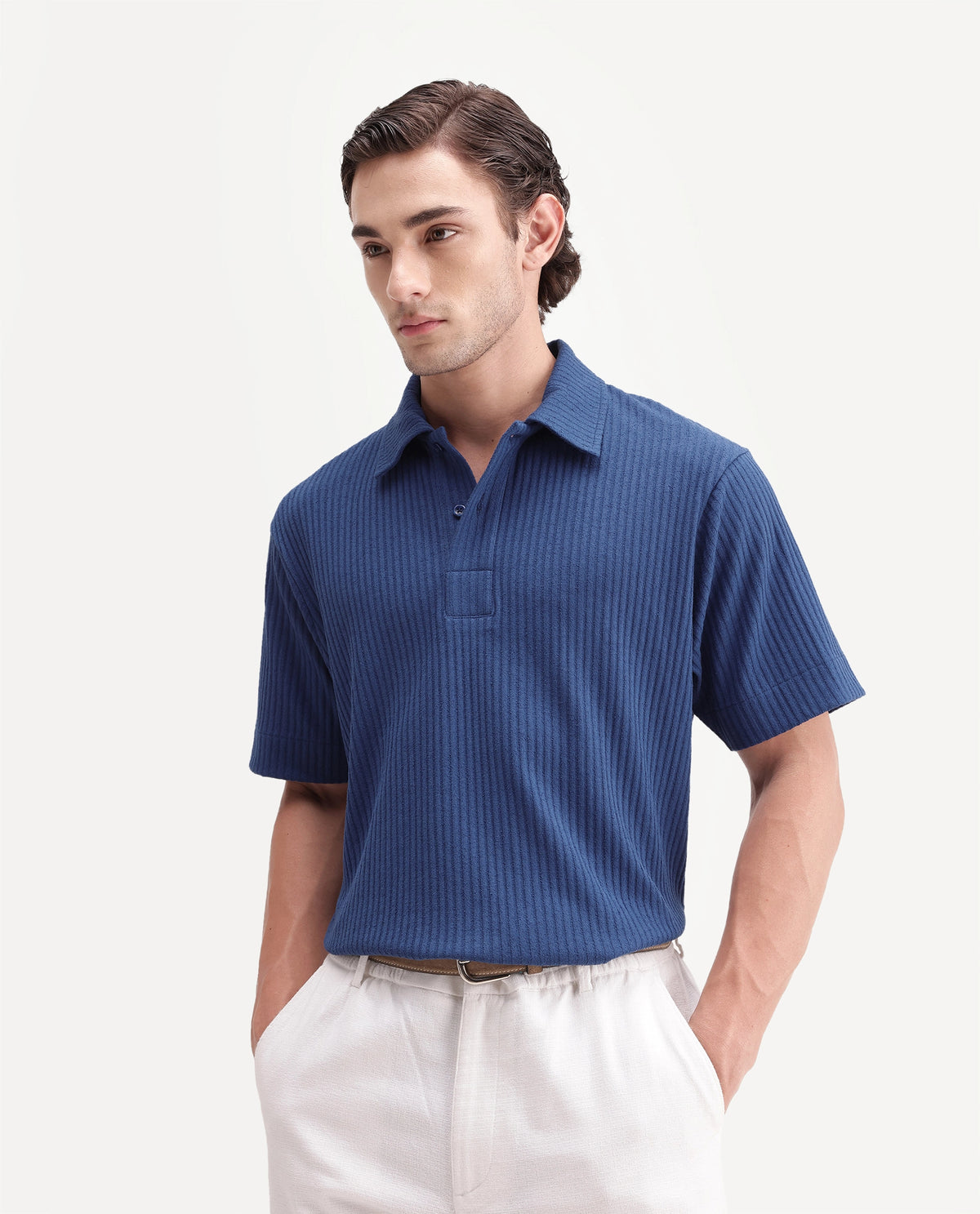 Rare Rabbit Men's Hexx Primary Blue Cotton Blend Spread Collar Regular Plain Polo