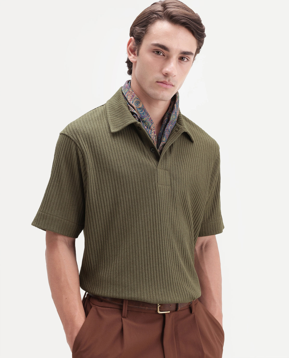 Rare Rabbit Men's Hexx Primary Olive Cotton Blend Spread Collar Regular Plain Polo