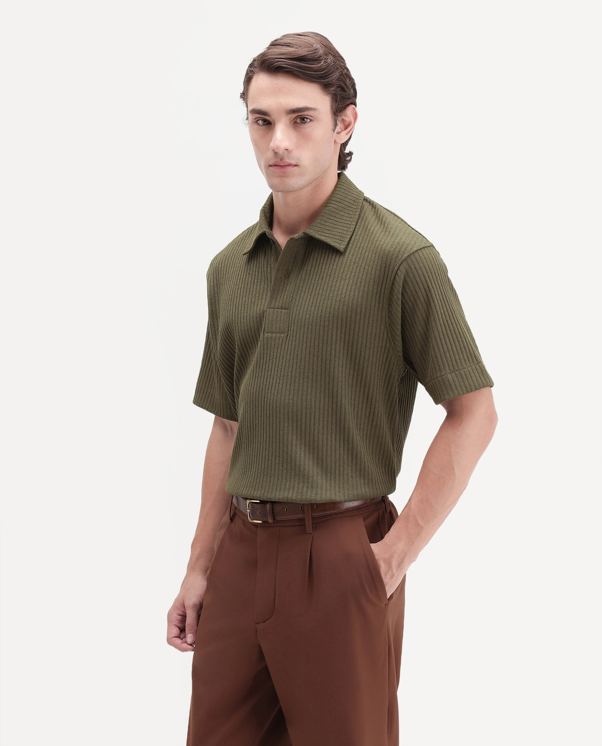 Rare Rabbit Men's Hexx Primary Olive Cotton Blend Spread Collar Regular Plain Polo