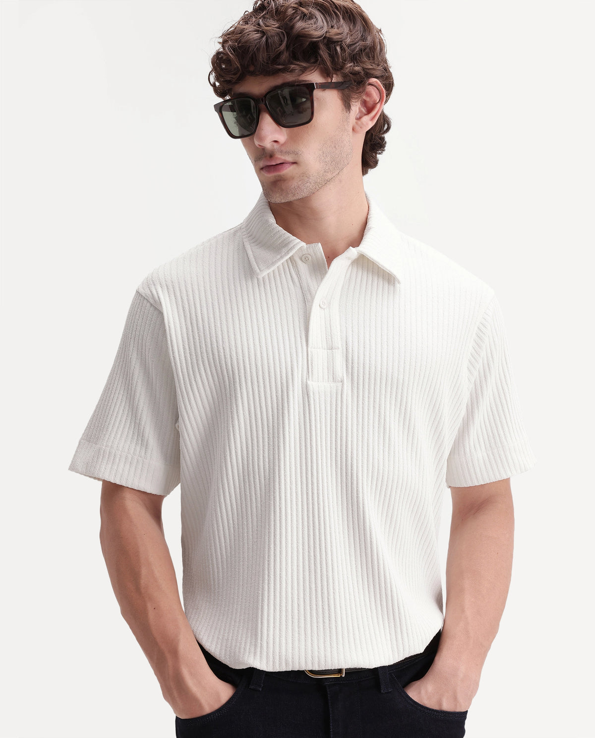 Rare Rabbit Men's Hexx Primary White Cotton Blend Spread Collar Regular Plain Polo