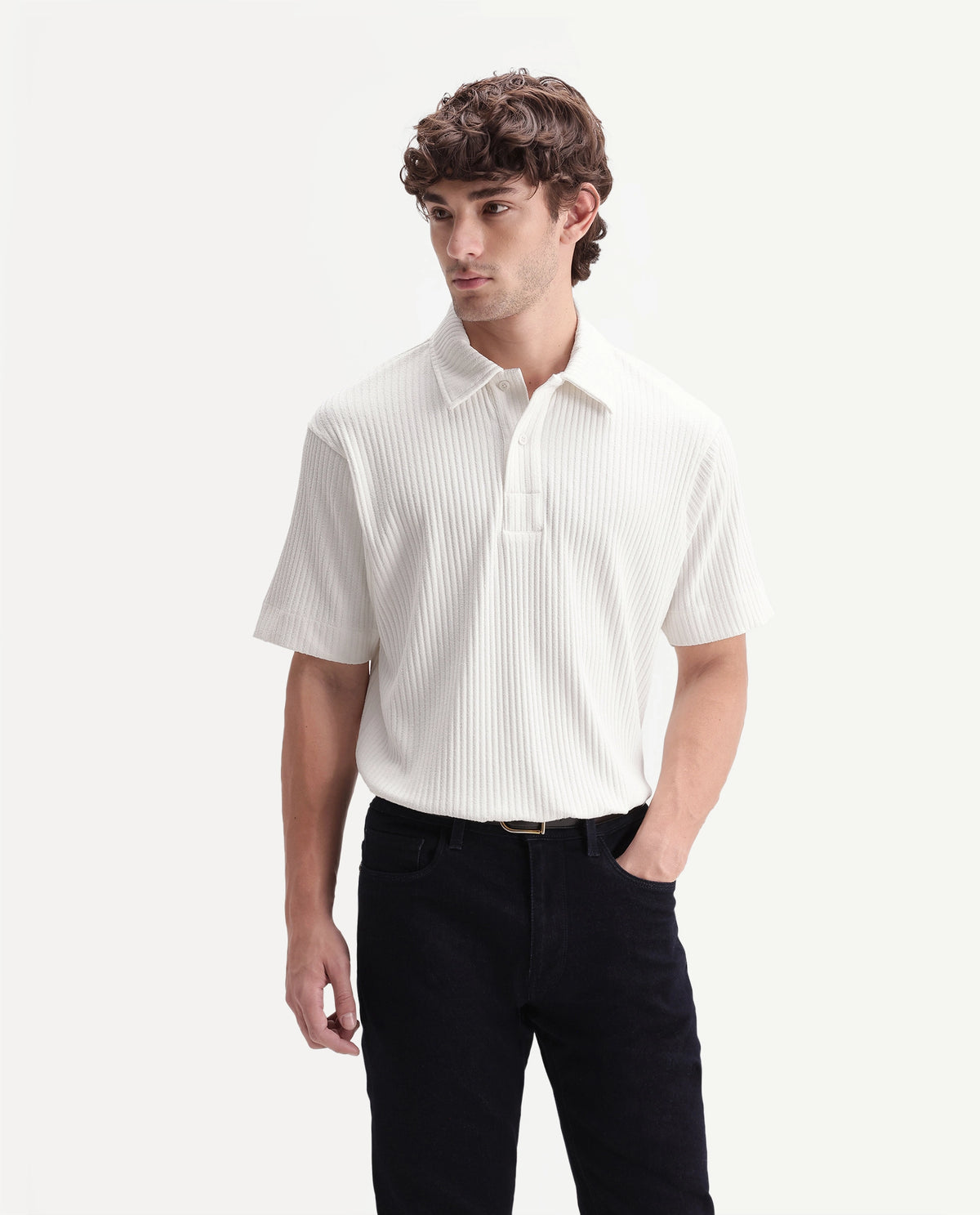 Rare Rabbit Men's Hexx Primary White Cotton Blend Spread Collar Regular Plain Polo